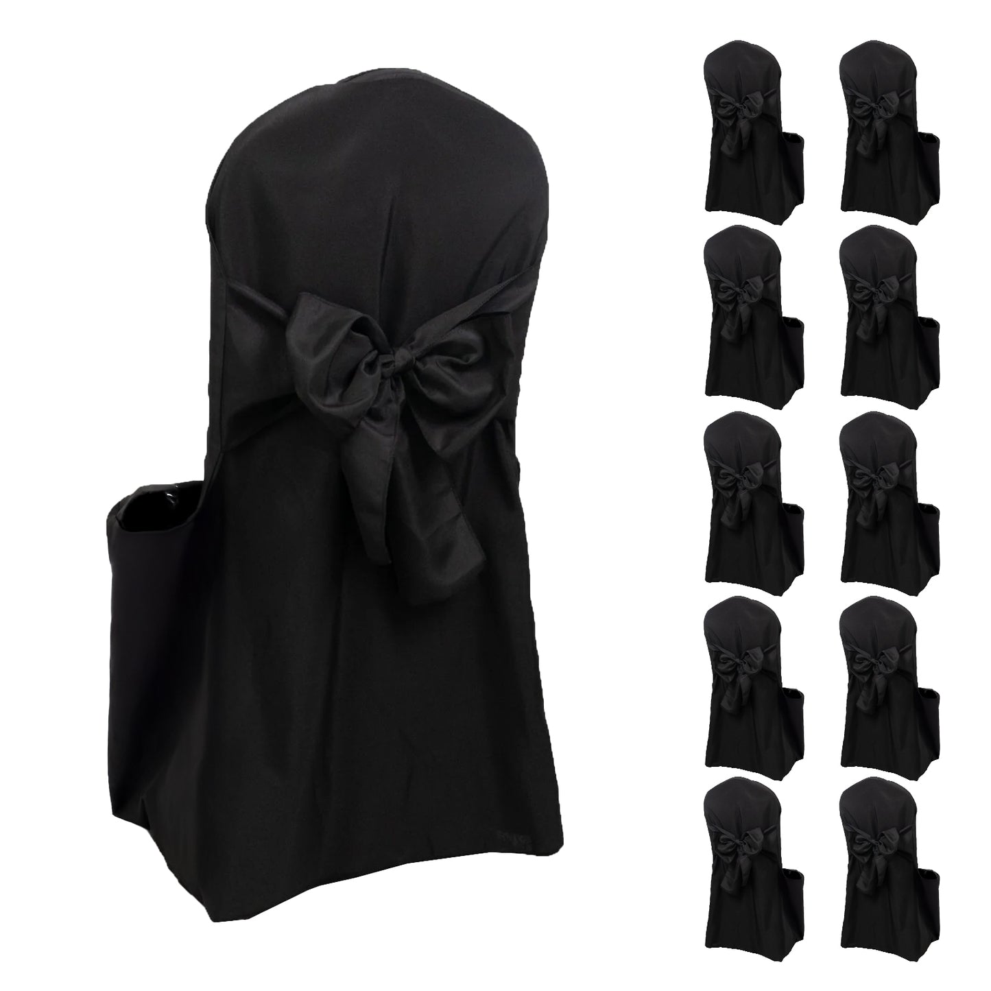 Black polyester banquet chair cover with attached sash, set of 10.