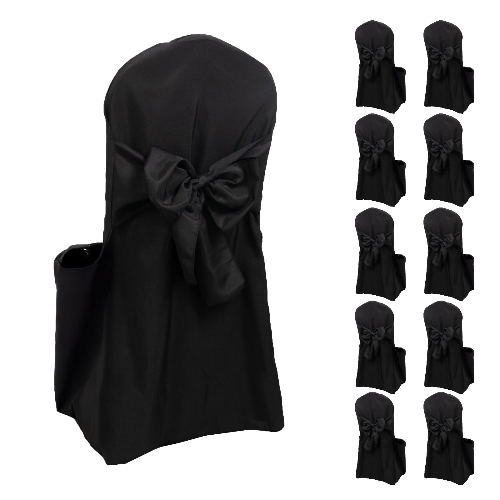 Black polyester banquet chair cover with attached sash, set of 10.