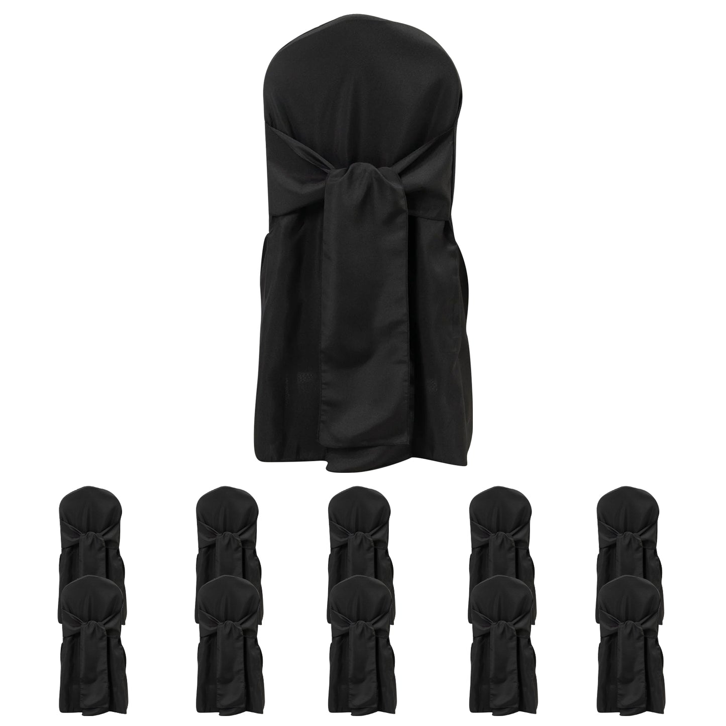 Black banquet chair covers with attached sashes, 10-pack, reusable and stain-resistant.