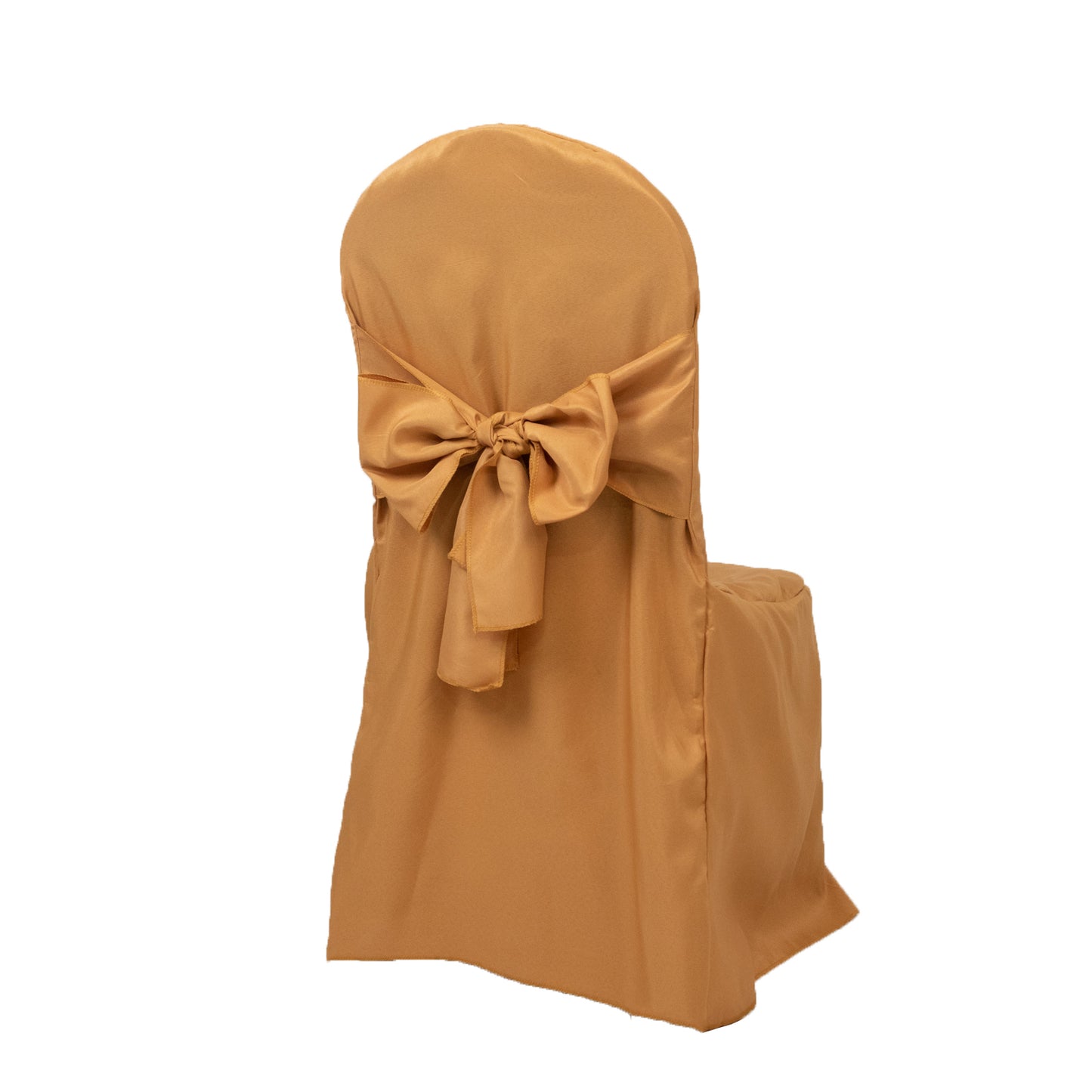 Gold banquet chair cover with attached sash, reusable and stain-resistant. #whtbkgd
