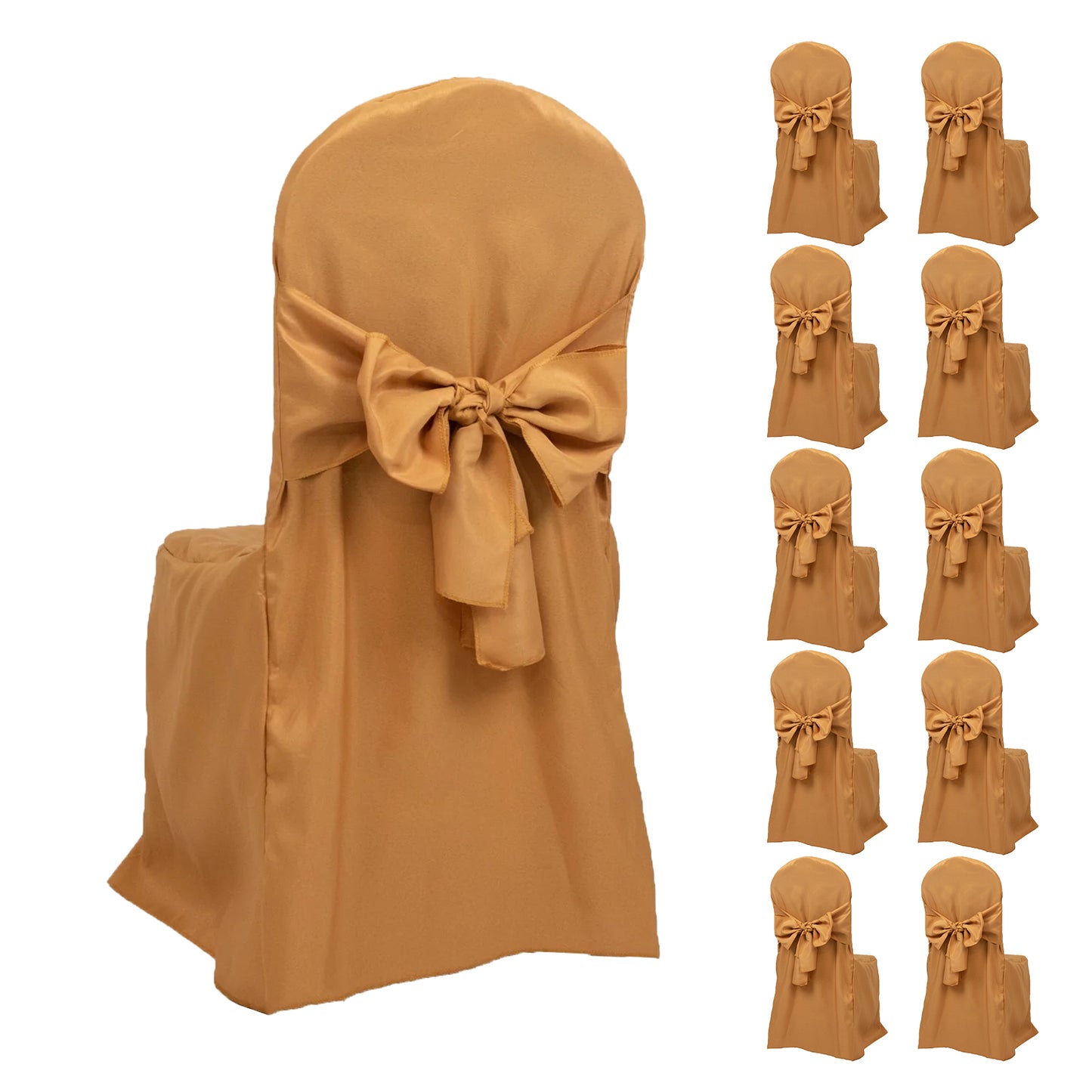 Gold banquet chair covers with attached sashes, reusable and stain-resistant.
