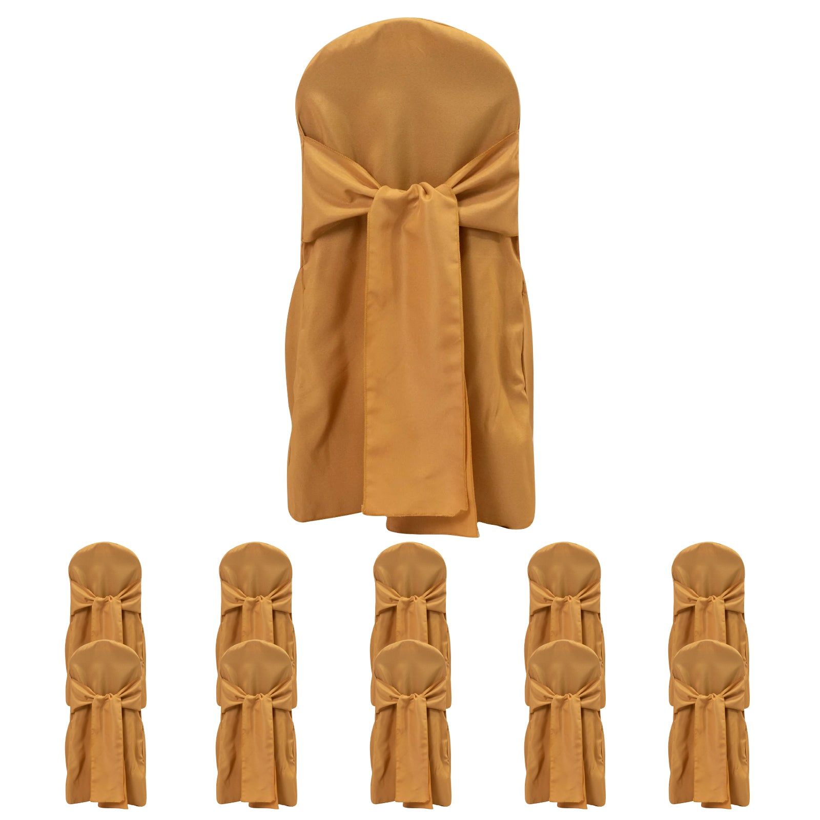 Gold slip-on banquet chair cover with attached sash.