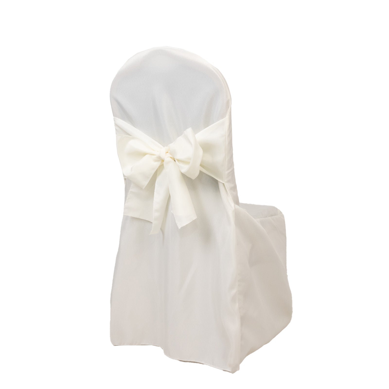 Ivory banquet chair cover with attached sash for wedding decor. #whtbkgd