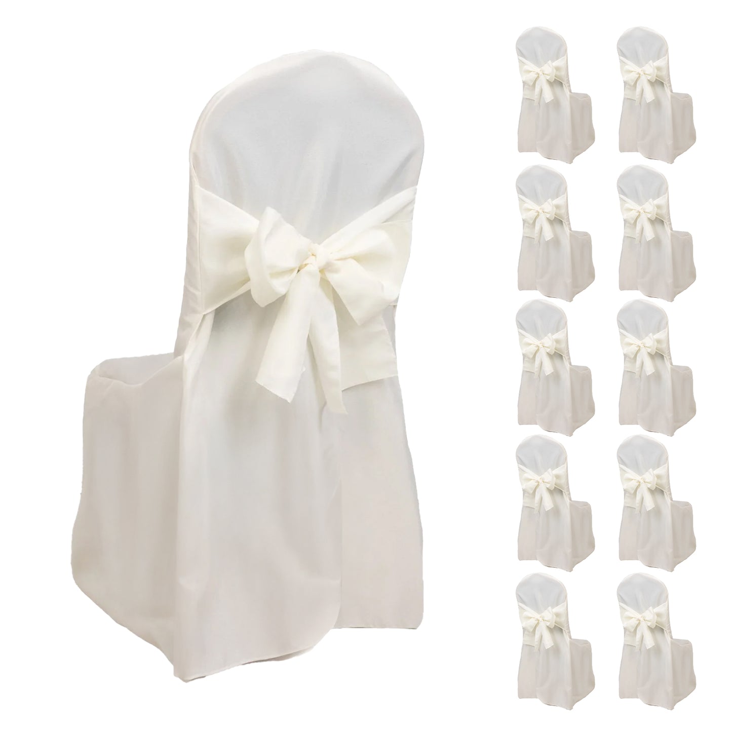 Ivory slip-on banquet chair covers with attached sashes, set of 10.