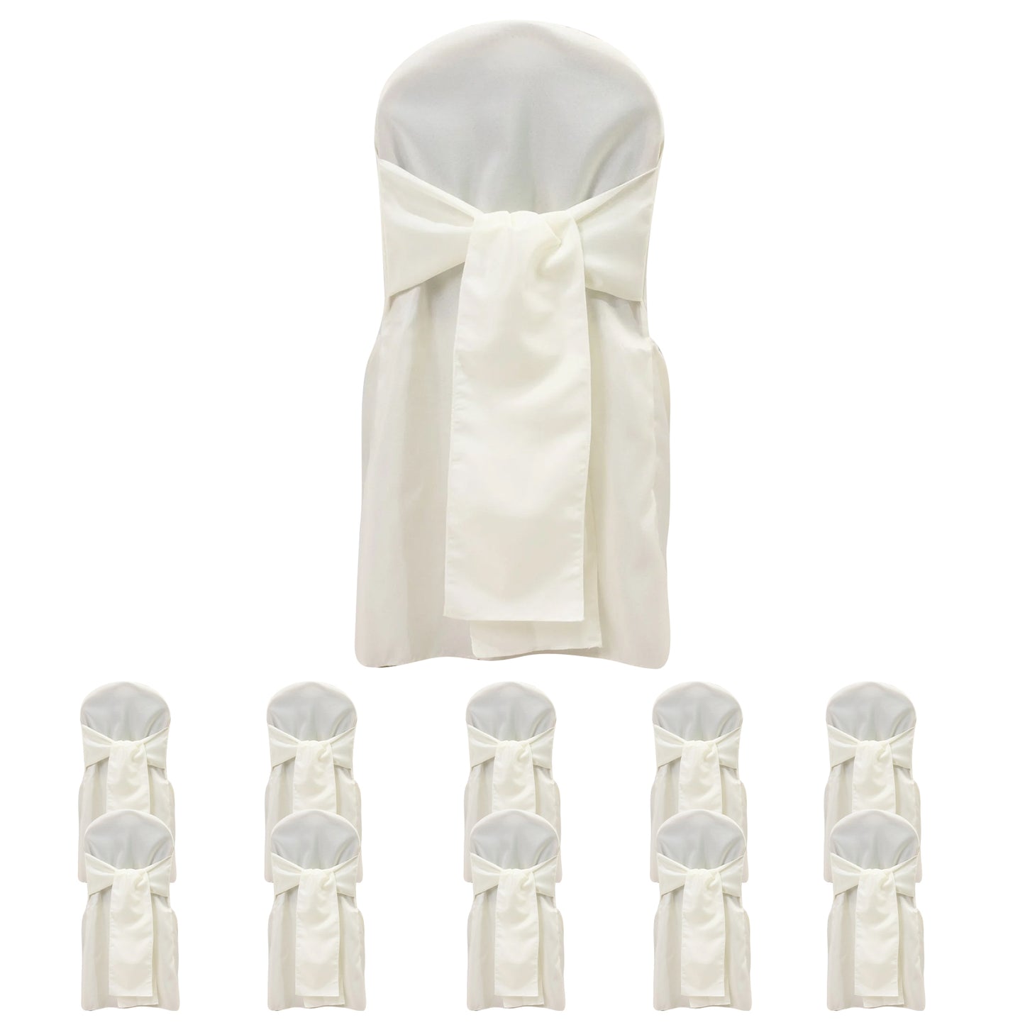 Ivory slip-on banquet chair covers with attached sashes, 10-pack.