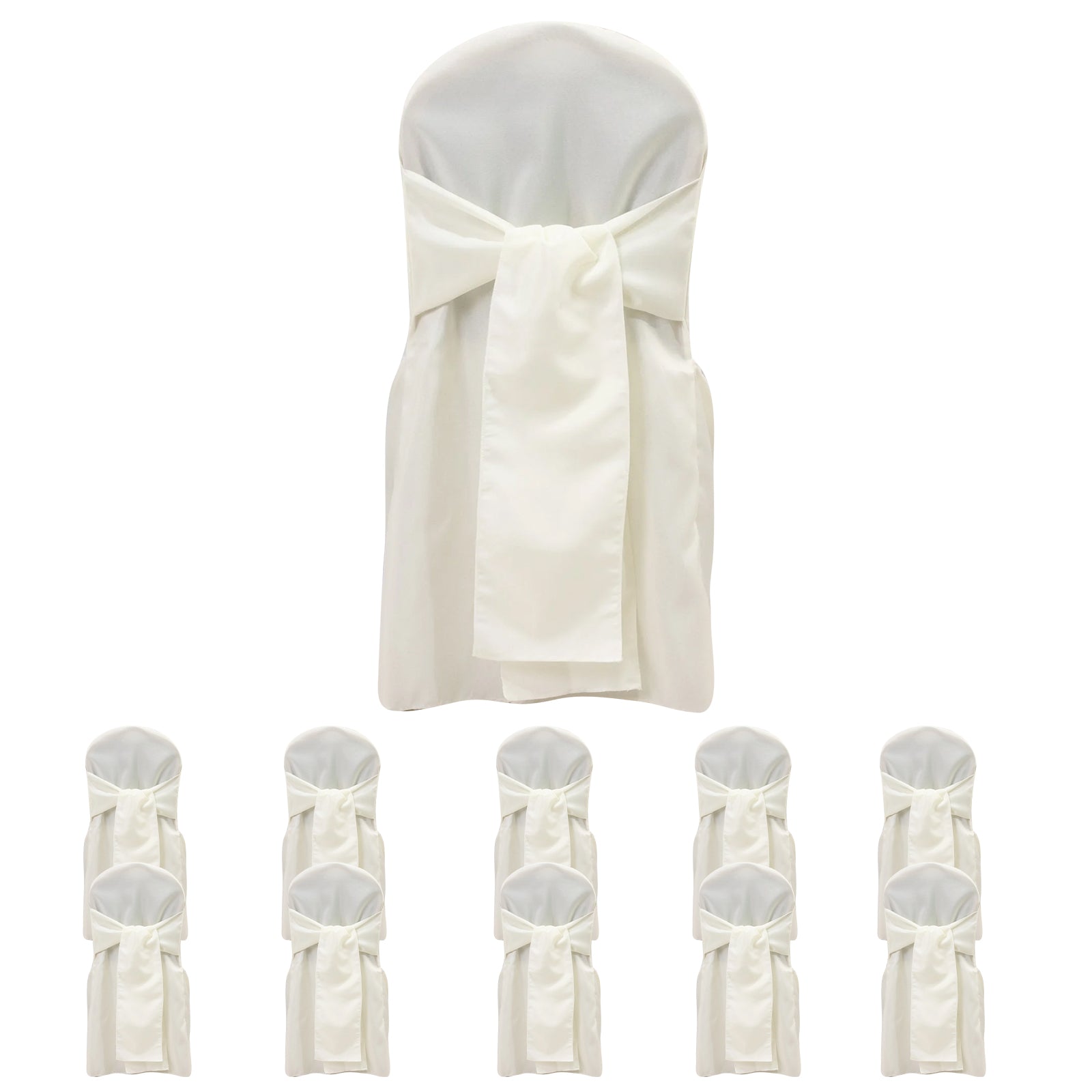 Ivory slip-on banquet chair covers with attached sashes, 10-pack.
