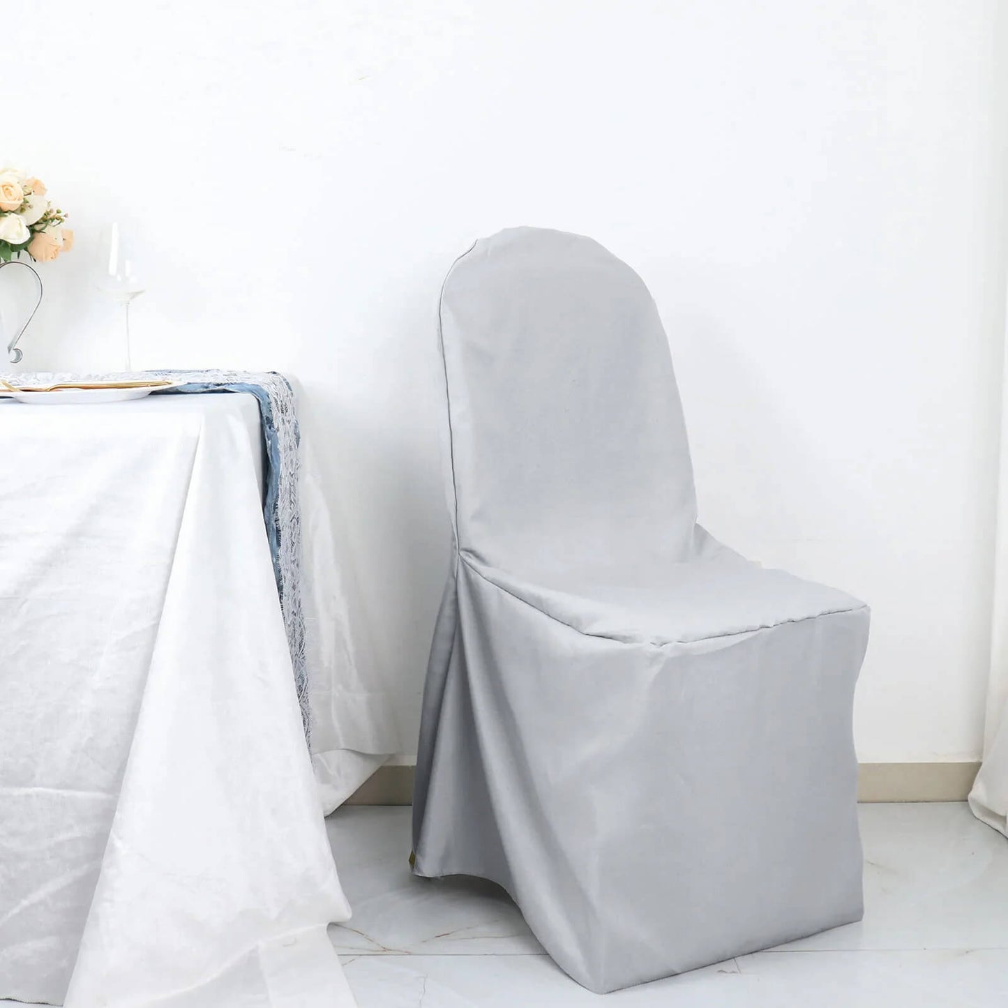 10 Pack Silver Polyester Banquet Chair Covers, Reusable Stain Resistant Slip On Chair Covers