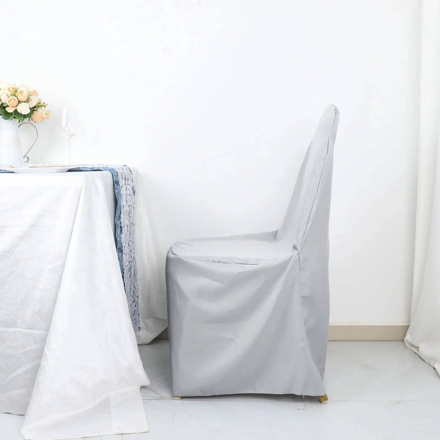 10 Pack Silver Polyester Banquet Chair Covers, Reusable Stain Resistant Slip On Chair Covers