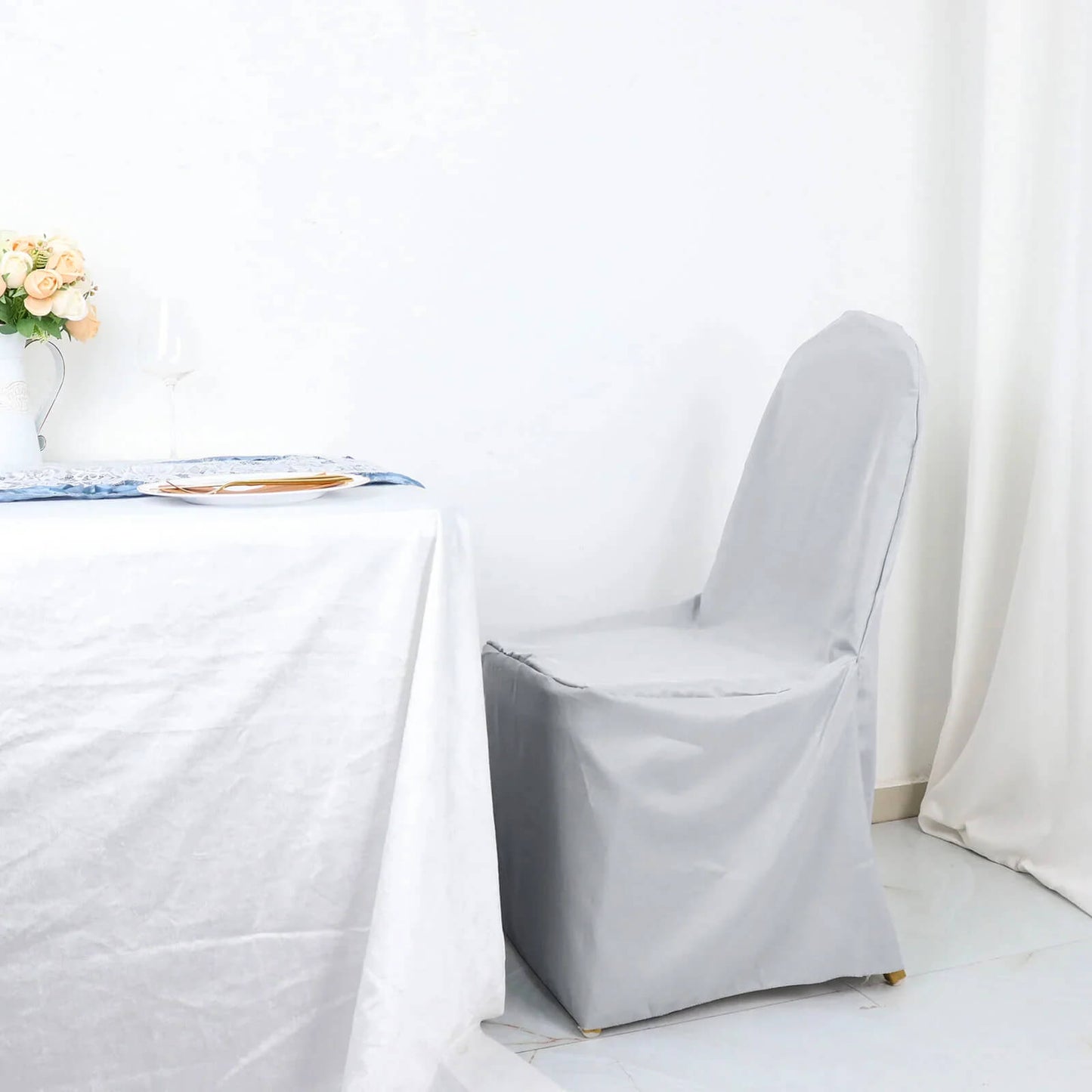 10 Pack Silver Polyester Banquet Chair Covers, Reusable Stain Resistant Slip On Chair Covers