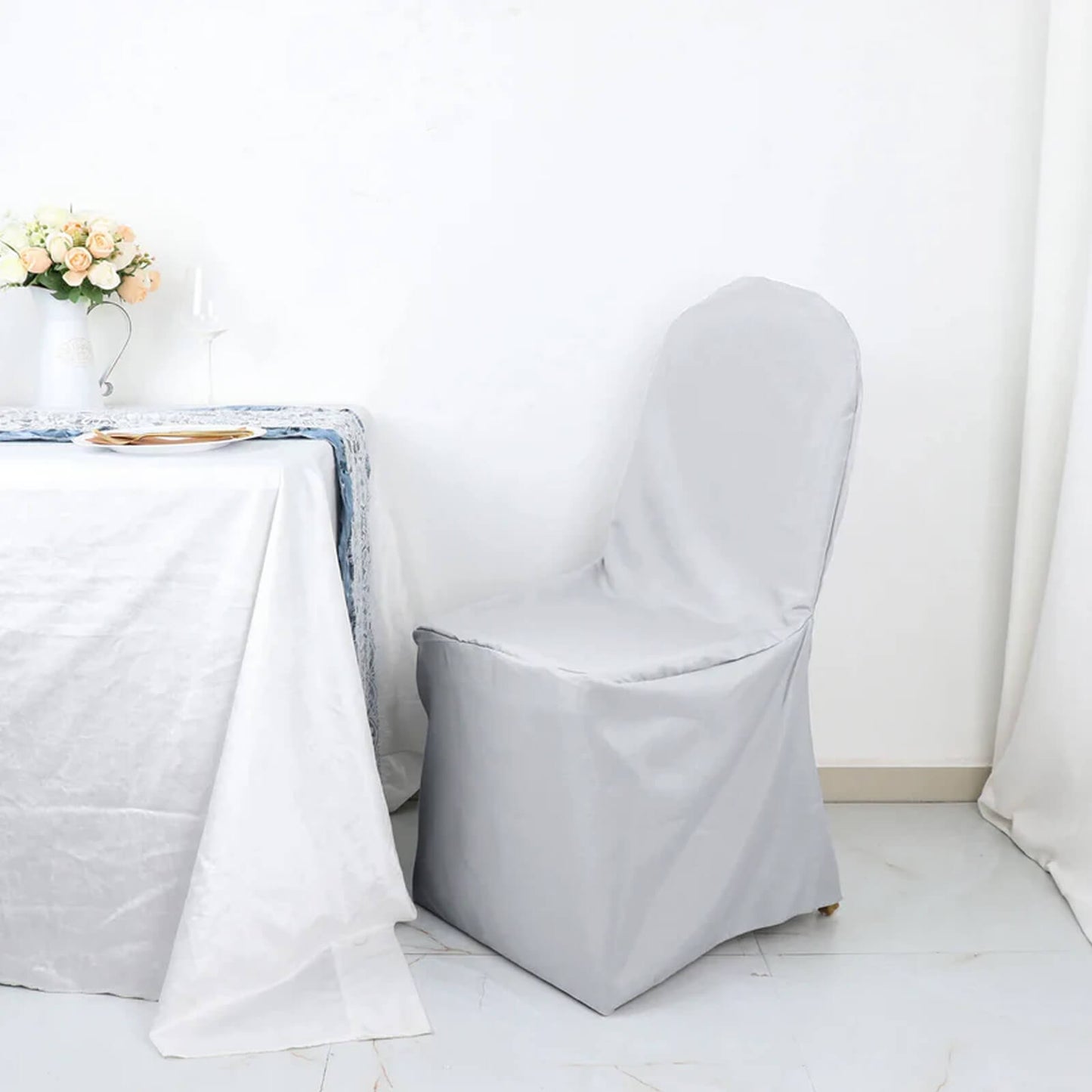 10 Pack Silver Polyester Banquet Chair Covers, Reusable Stain Resistant Slip On Chair Covers