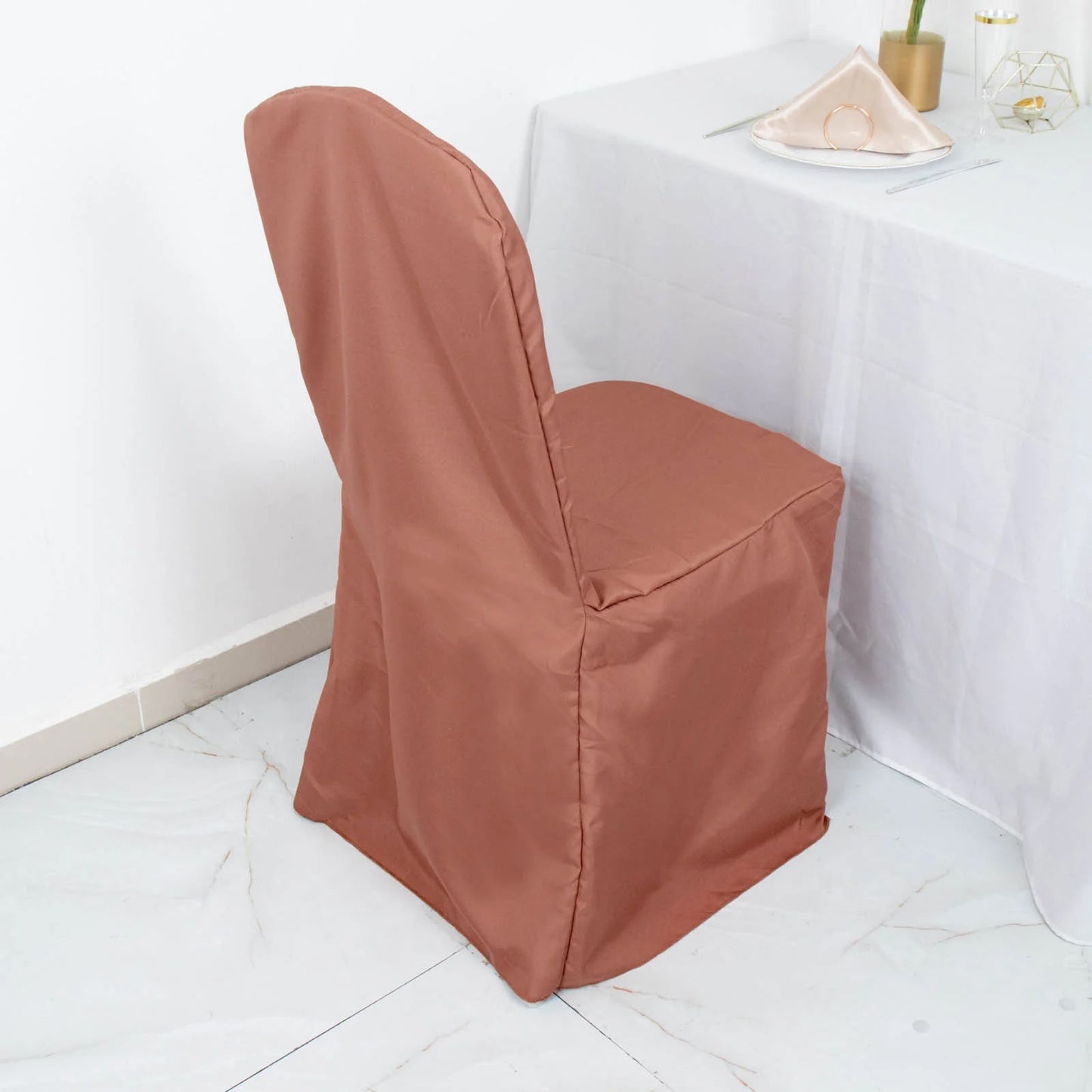 10 Pack Terracotta (Rust) Polyester Banquet Chair Covers, Reusable Stain Resistant Slip On Chair Covers