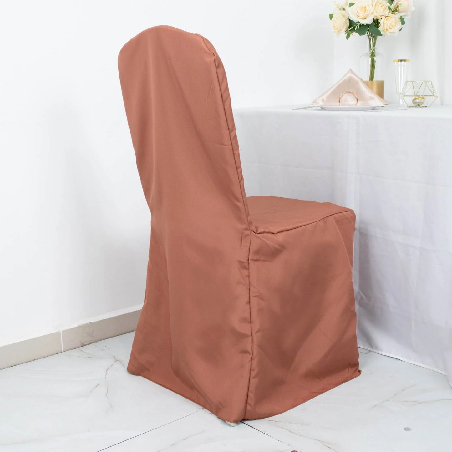 10 Pack Terracotta (Rust) Polyester Banquet Chair Covers, Reusable Stain Resistant Slip On Chair Covers