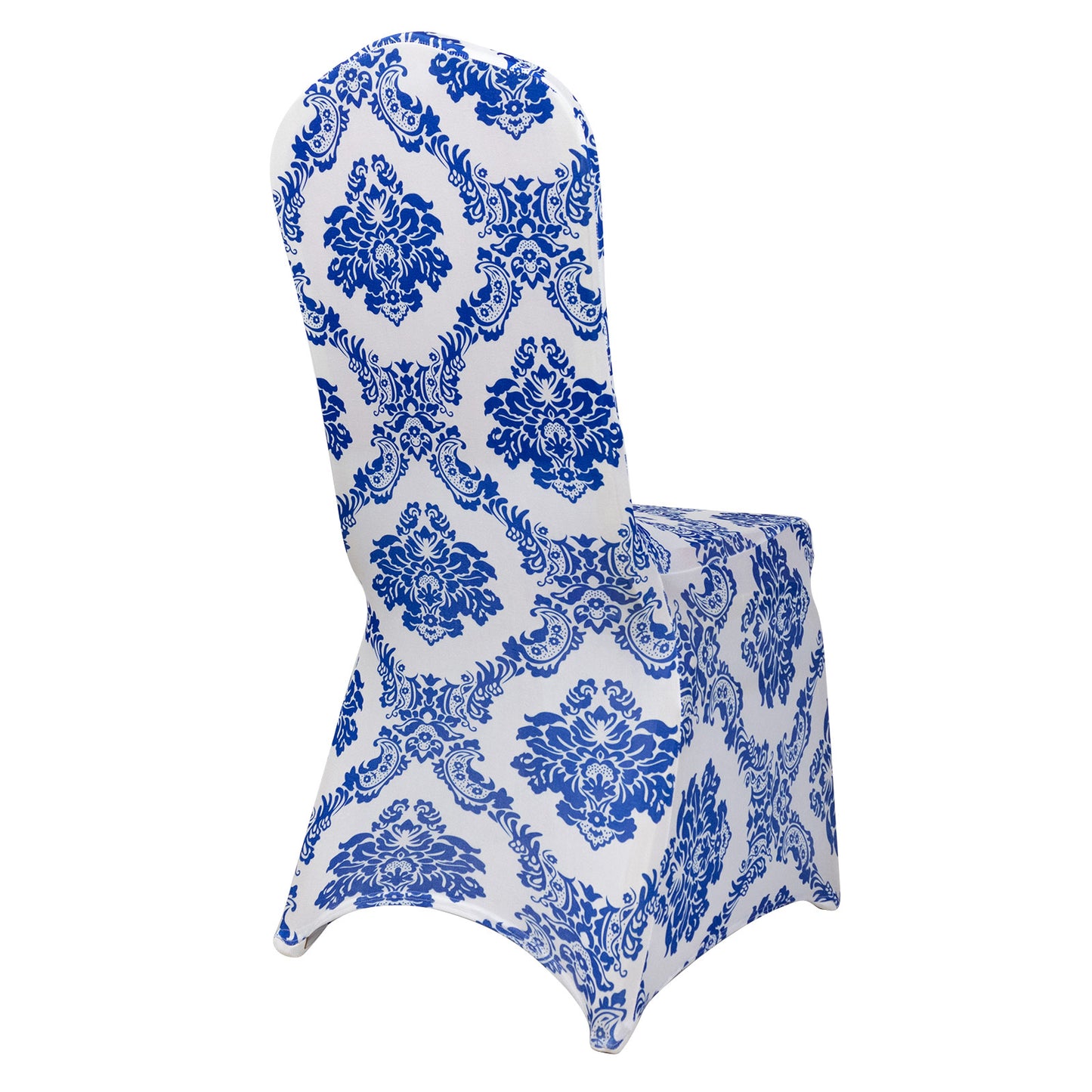 Royal Blue Damask Stretch Spandex Banquet Chair Cover With Foot Pockets, Premium Fitted Chair Covers - 160GSM