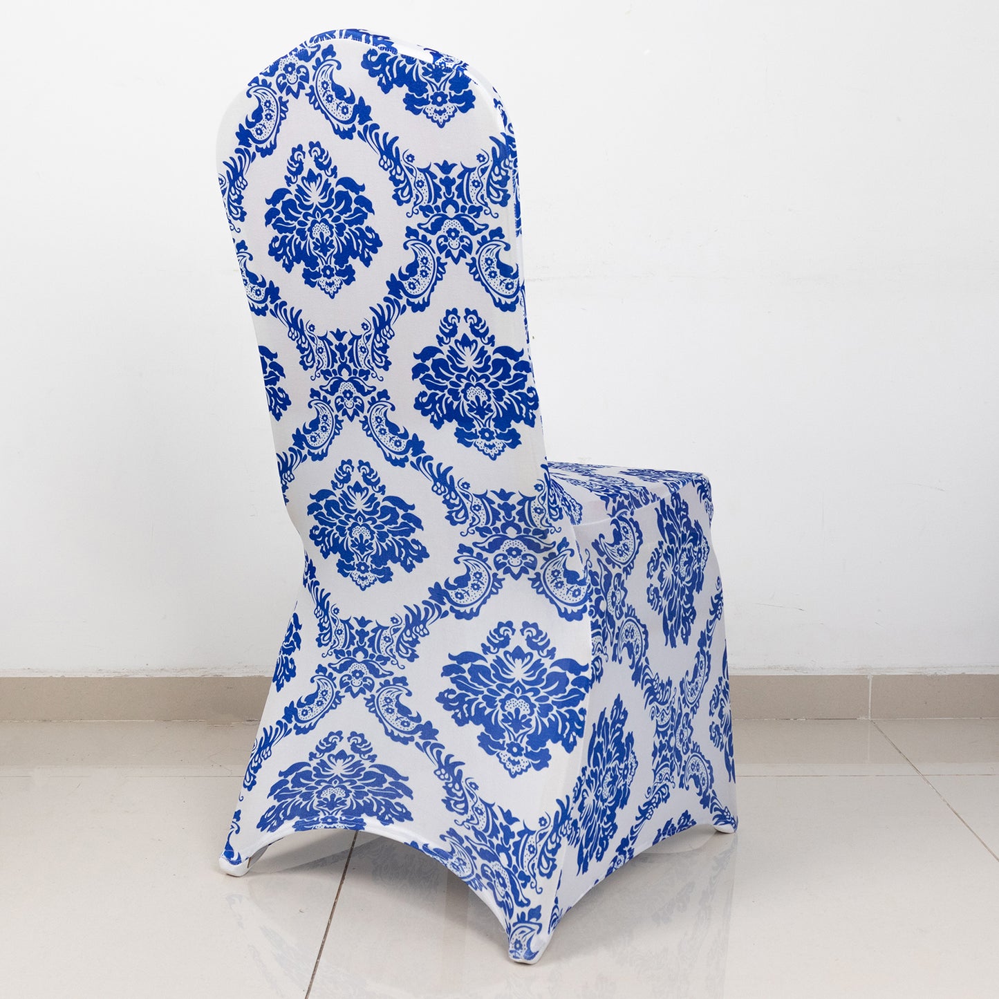 Royal Blue Damask Stretch Spandex Banquet Chair Cover With Foot Pockets, Premium Fitted Chair Covers - 160GSM