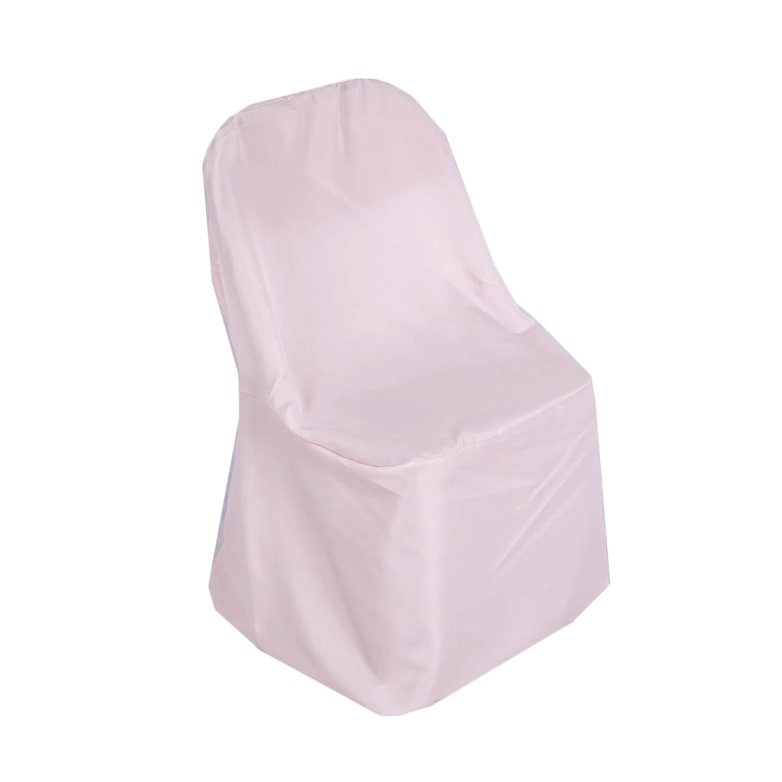Blush polyester folding chair cover, reusable and stain resistant.