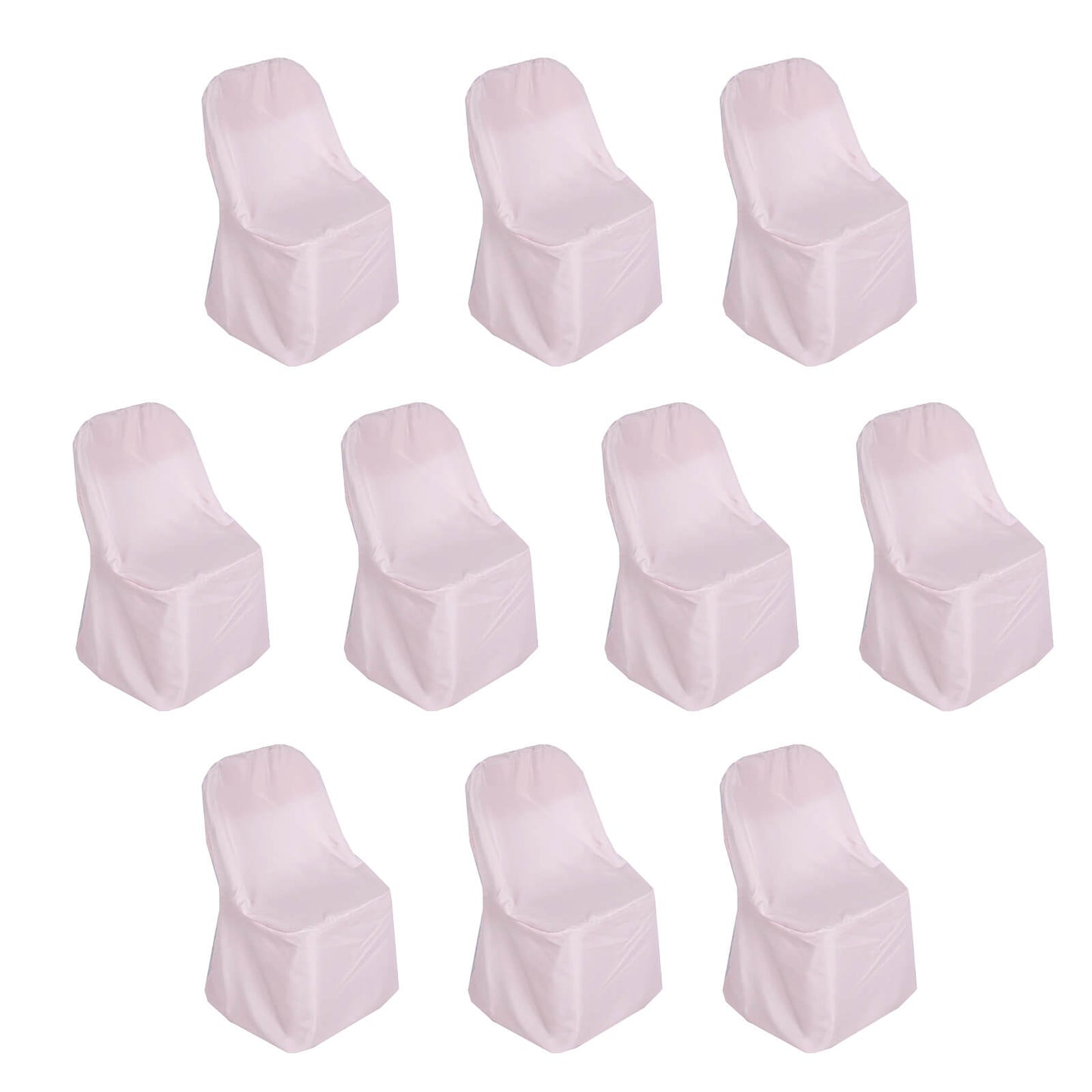 Blush polyester folding chair covers, 10 pack, reusable and stain resistant.