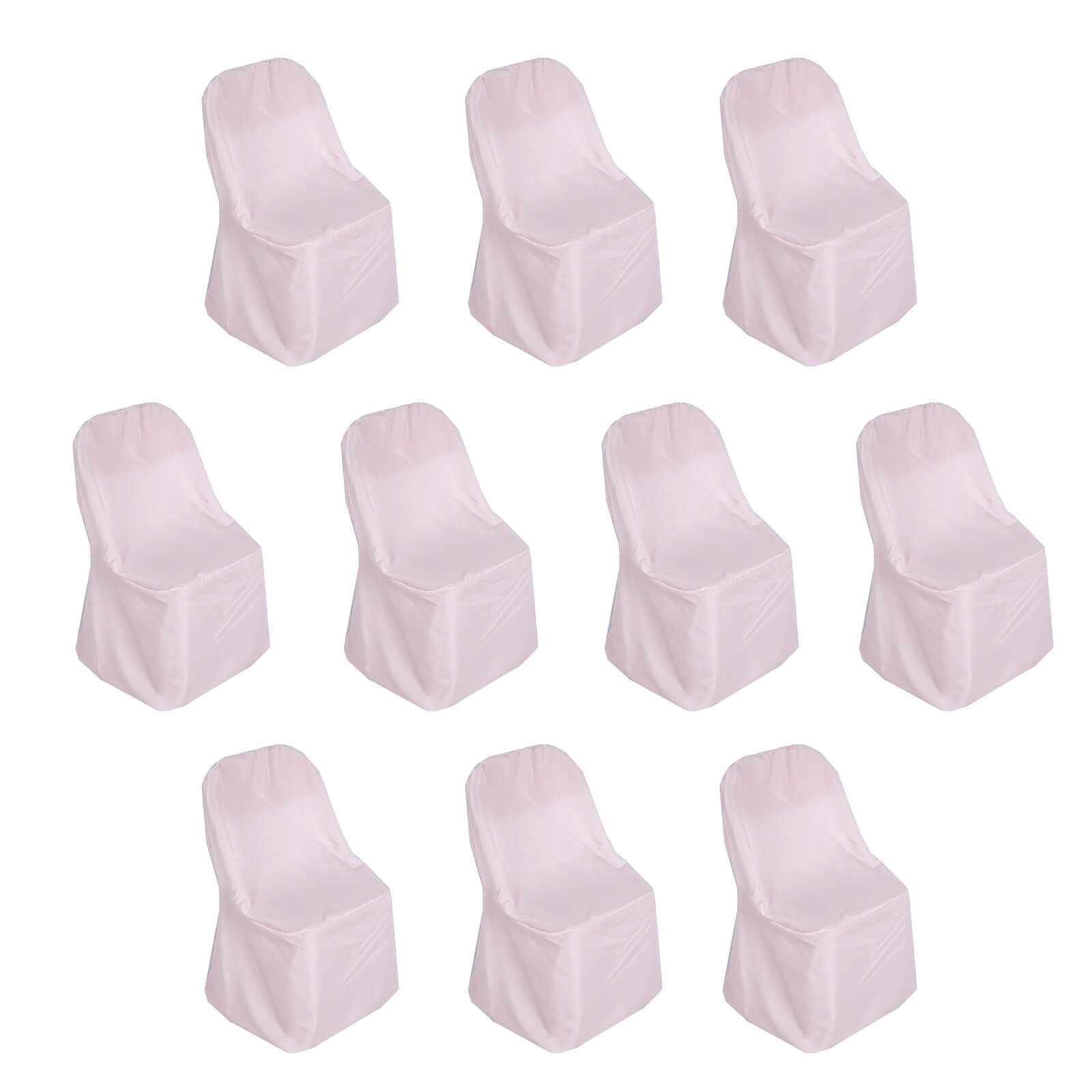Blush polyester folding chair covers, 10 pack, reusable and stain resistant.