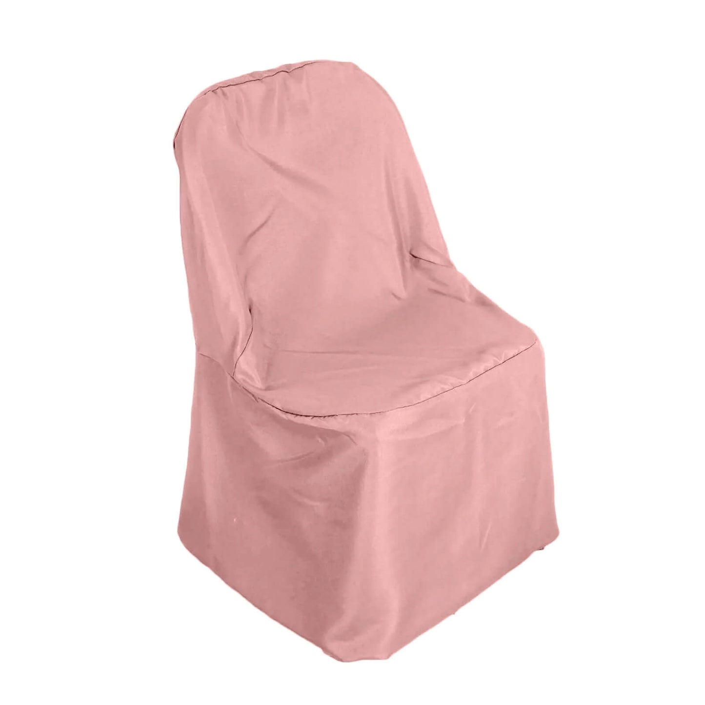 Dusty rose polyester folding chair cover, reusable and stain resistant.