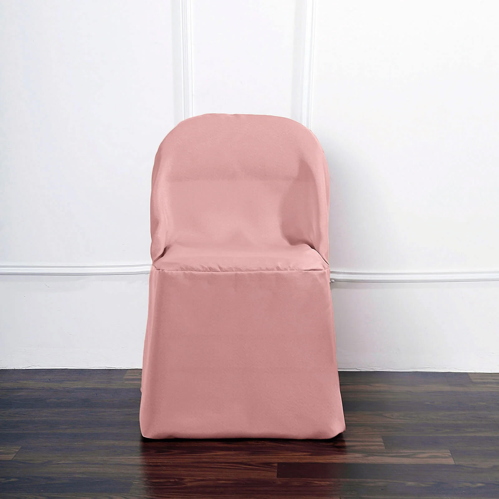 Dusty rose polyester folding chair cover, reusable and stain resistant.
