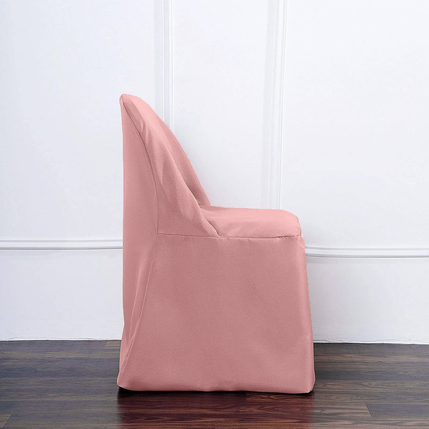Dusty rose polyester folding chair cover, reusable and stain resistant.