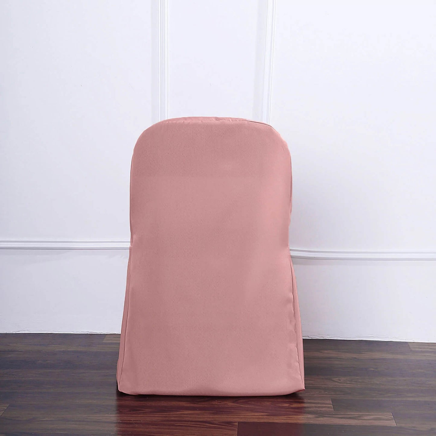 Dusty rose polyester folding chair cover, reusable and stain resistant.