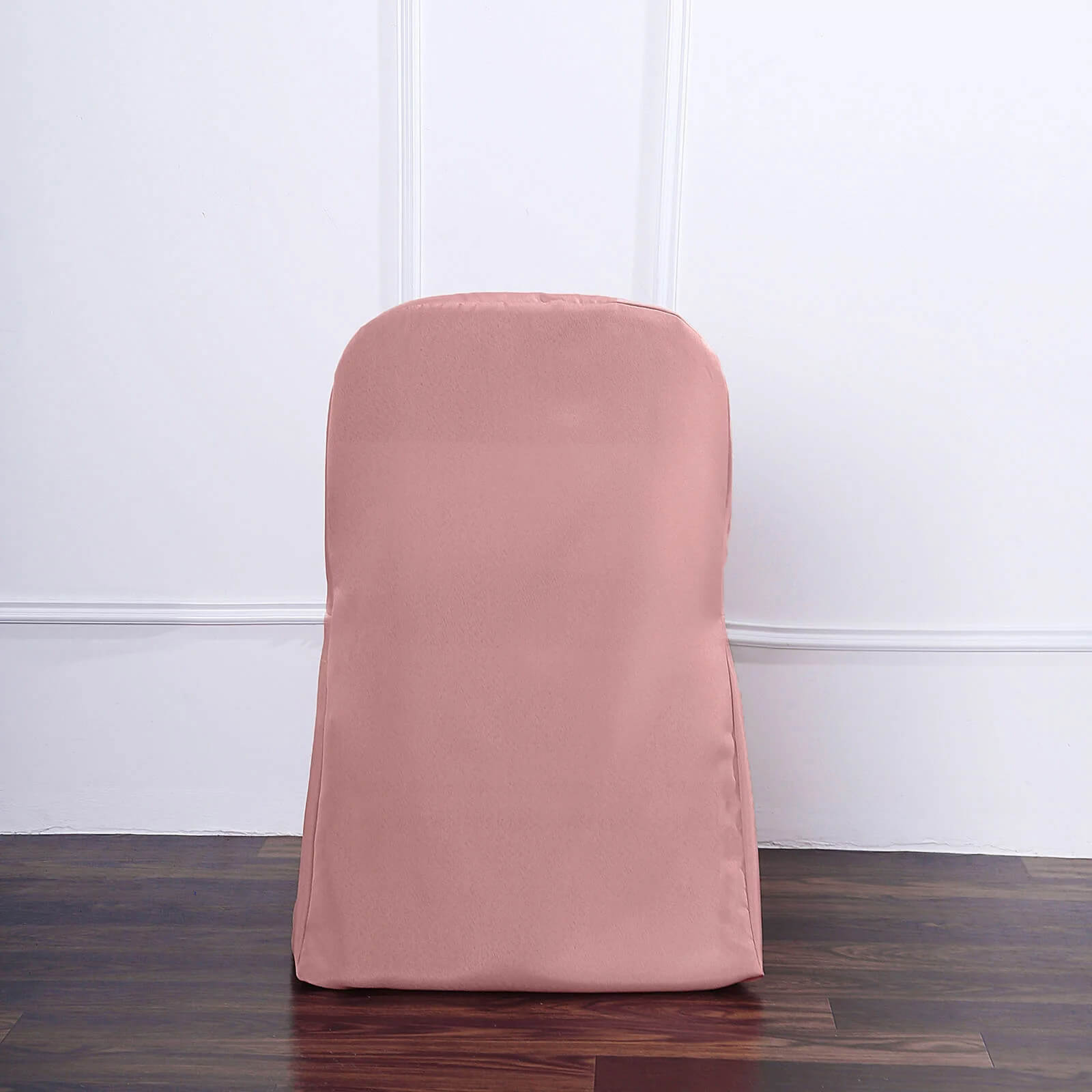 Dusty rose polyester folding chair cover, reusable and stain resistant.