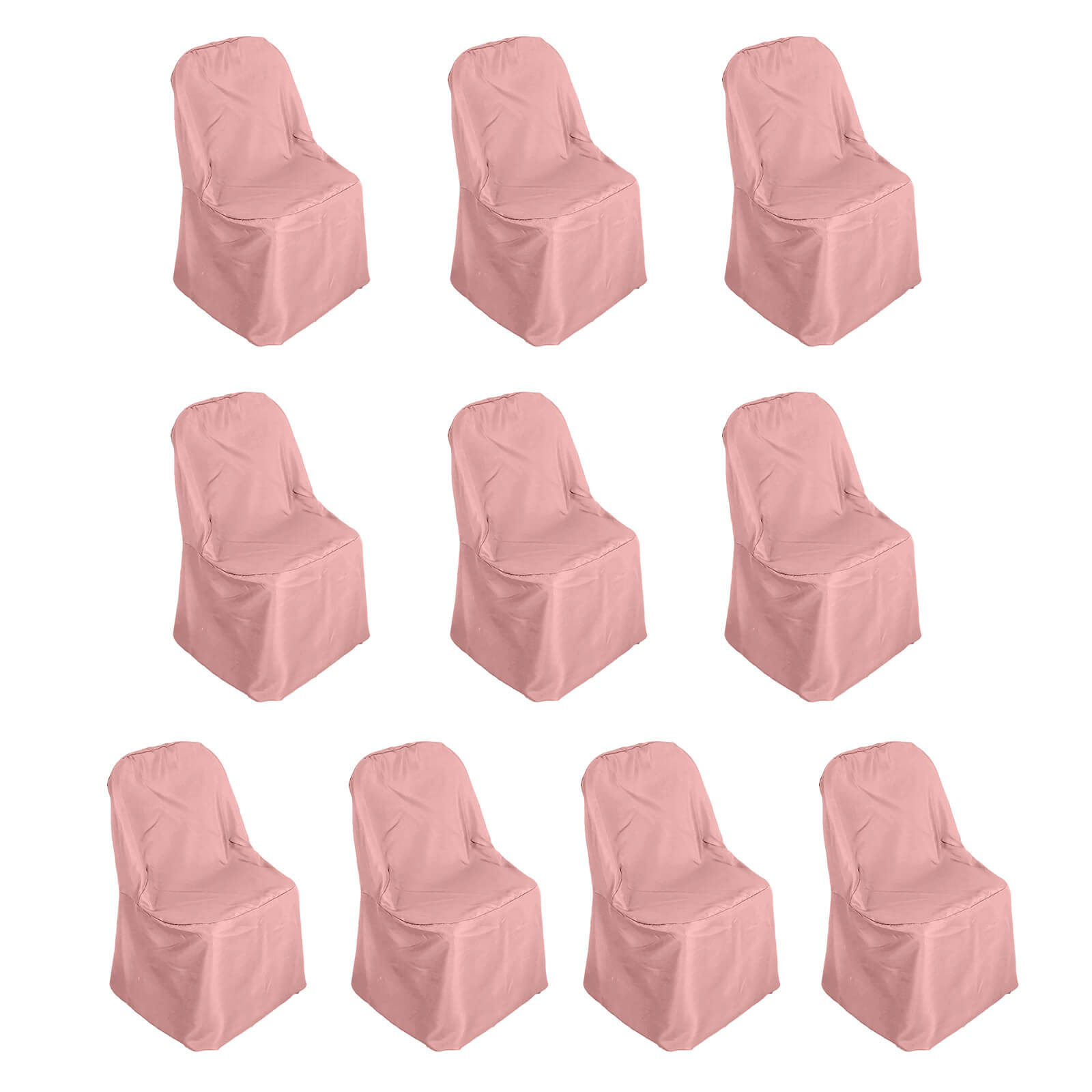 Dusty rose polyester folding chair covers, 10 pack, reusable and stain resistant.