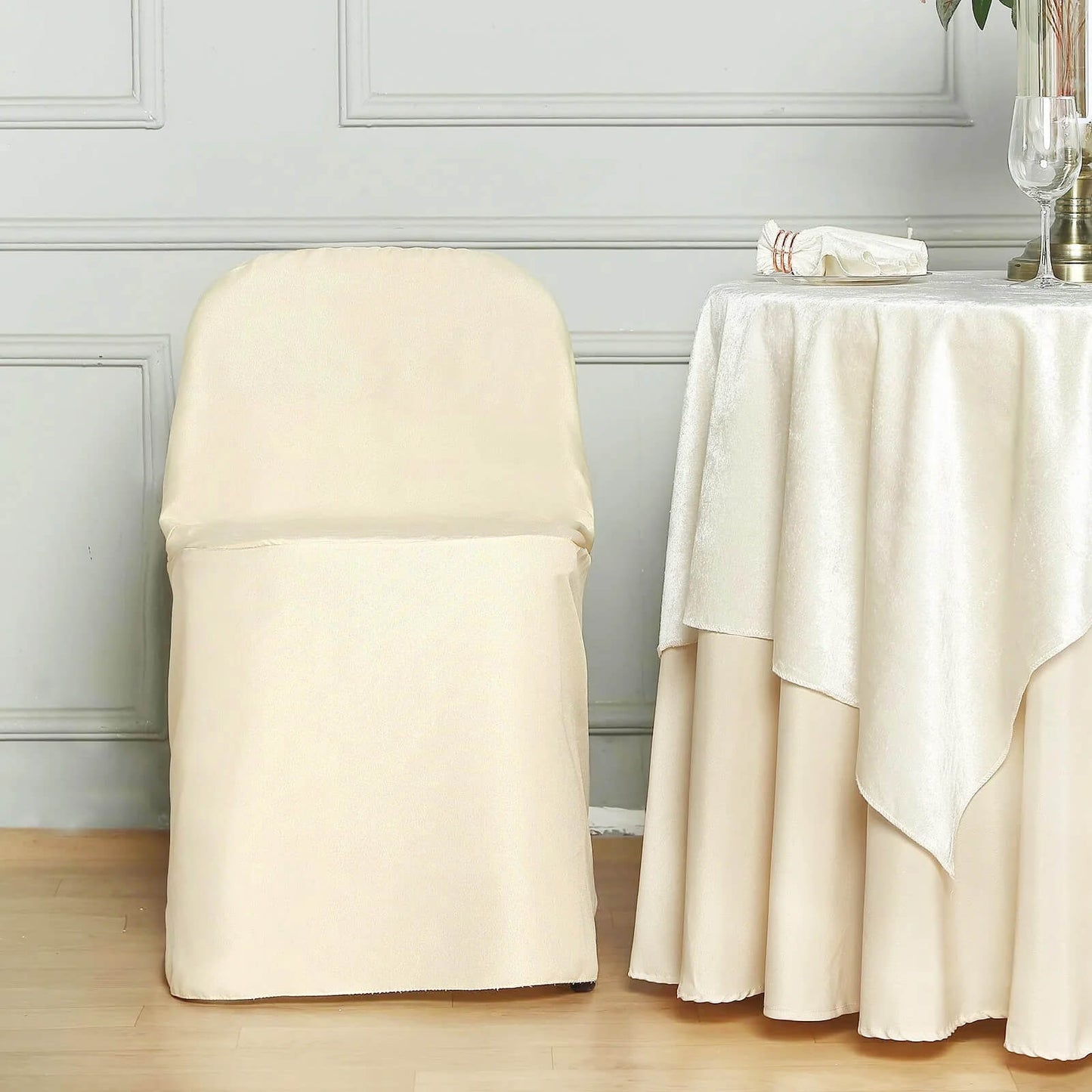 10 Pack Beige Polyester Folding Chair Covers, Reusable Stain Resistant Slip On Chair Covers