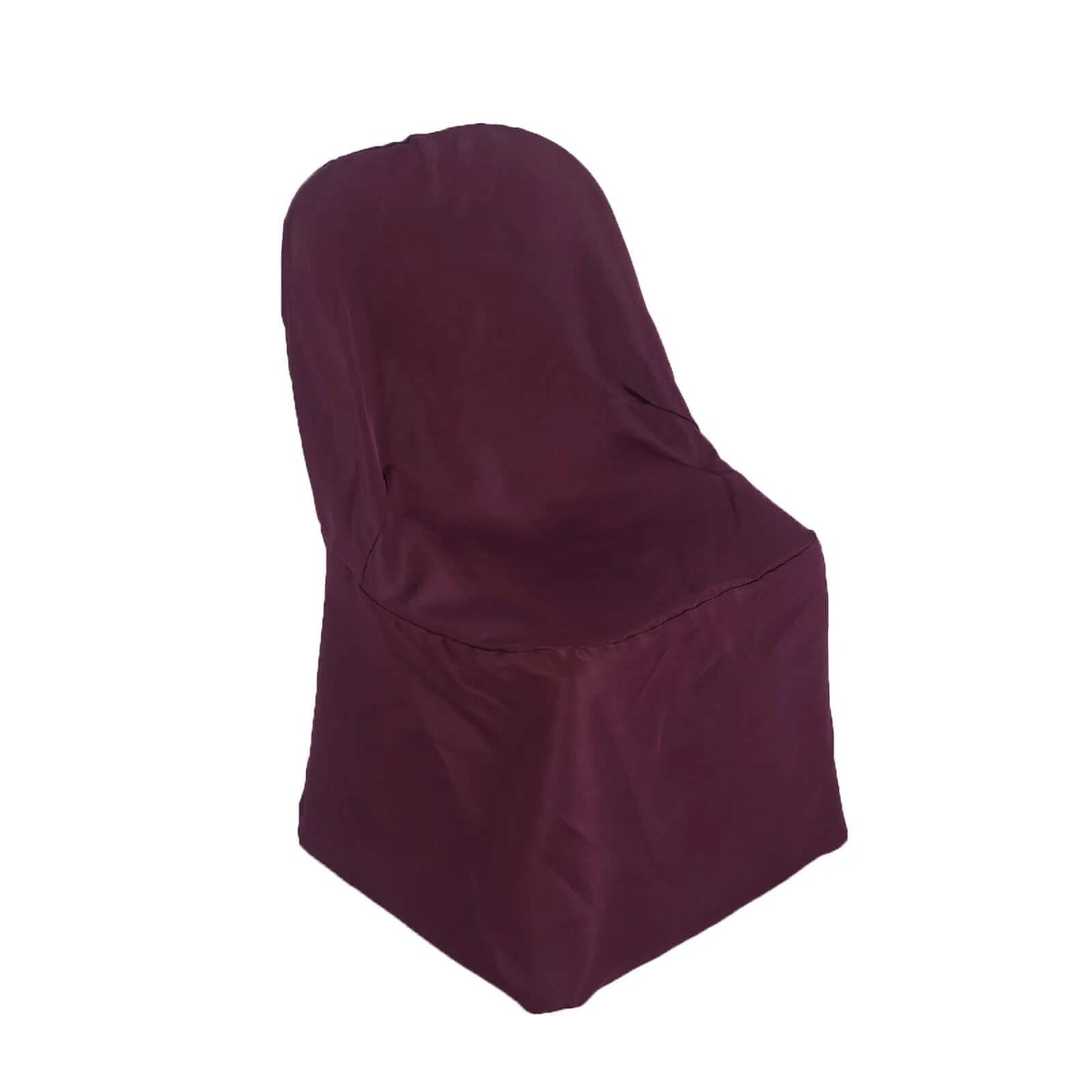 Burgundy polyester folding chair cover, reusable and stain resistant.