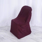 Burgundy polyester folding chair cover, reusable and stain resistant.