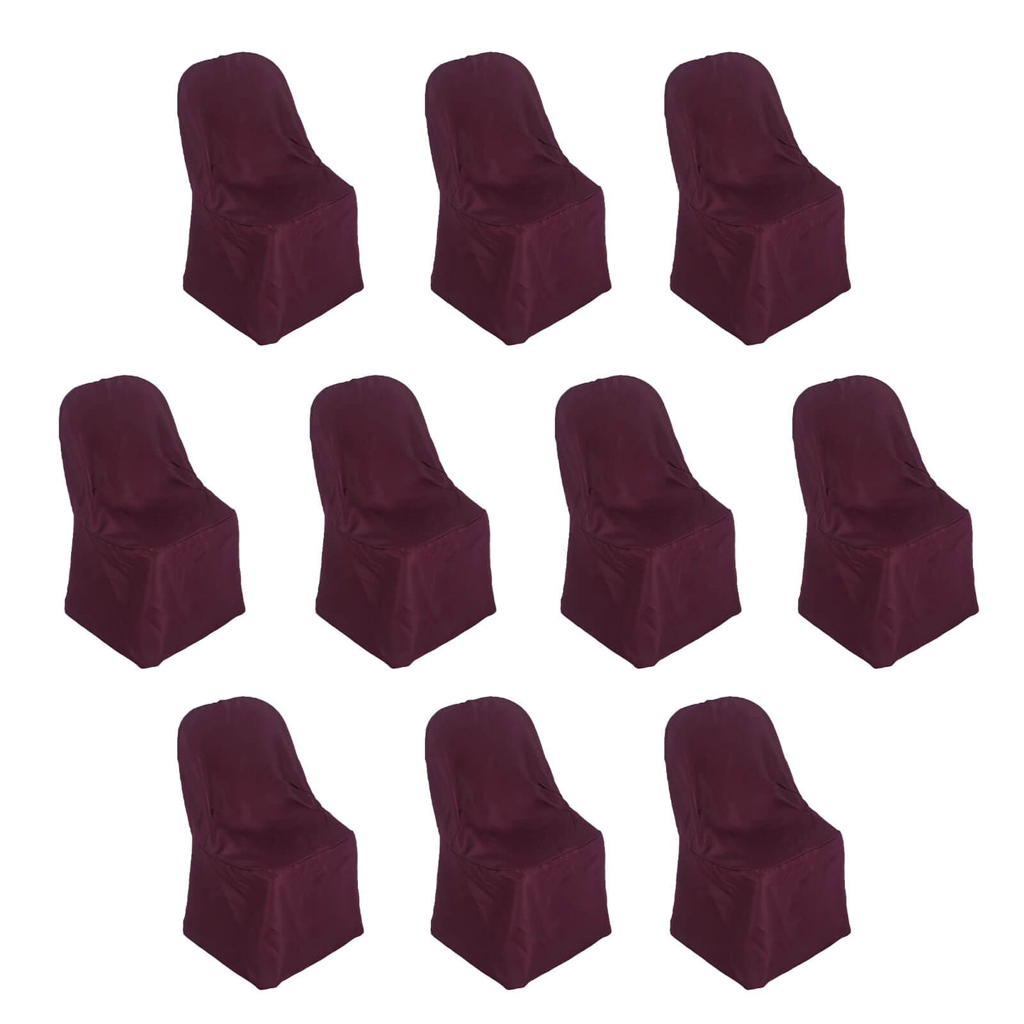 Burgundy polyester folding chair covers, reusable and stain resistant.