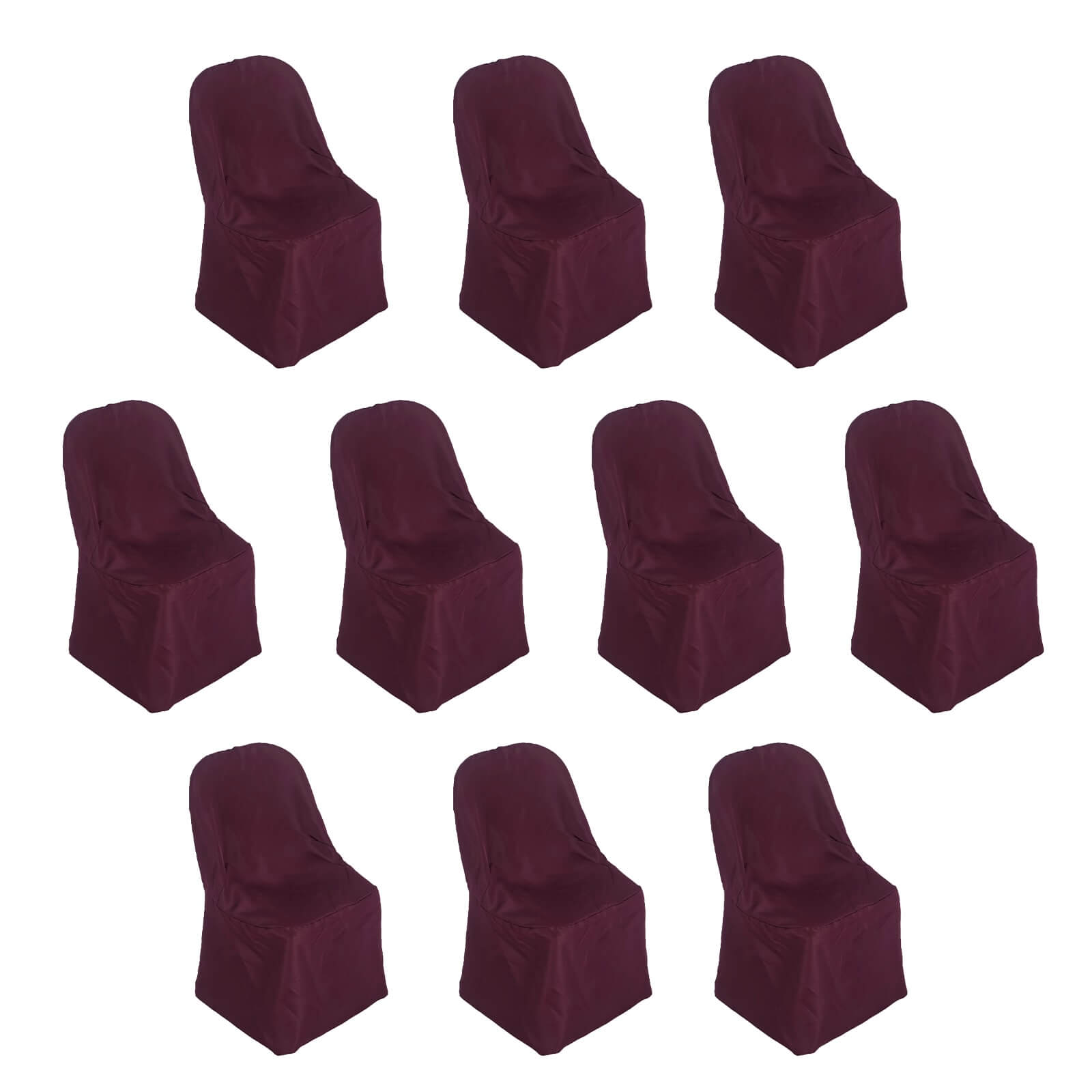Burgundy polyester folding chair covers, reusable and stain resistant.