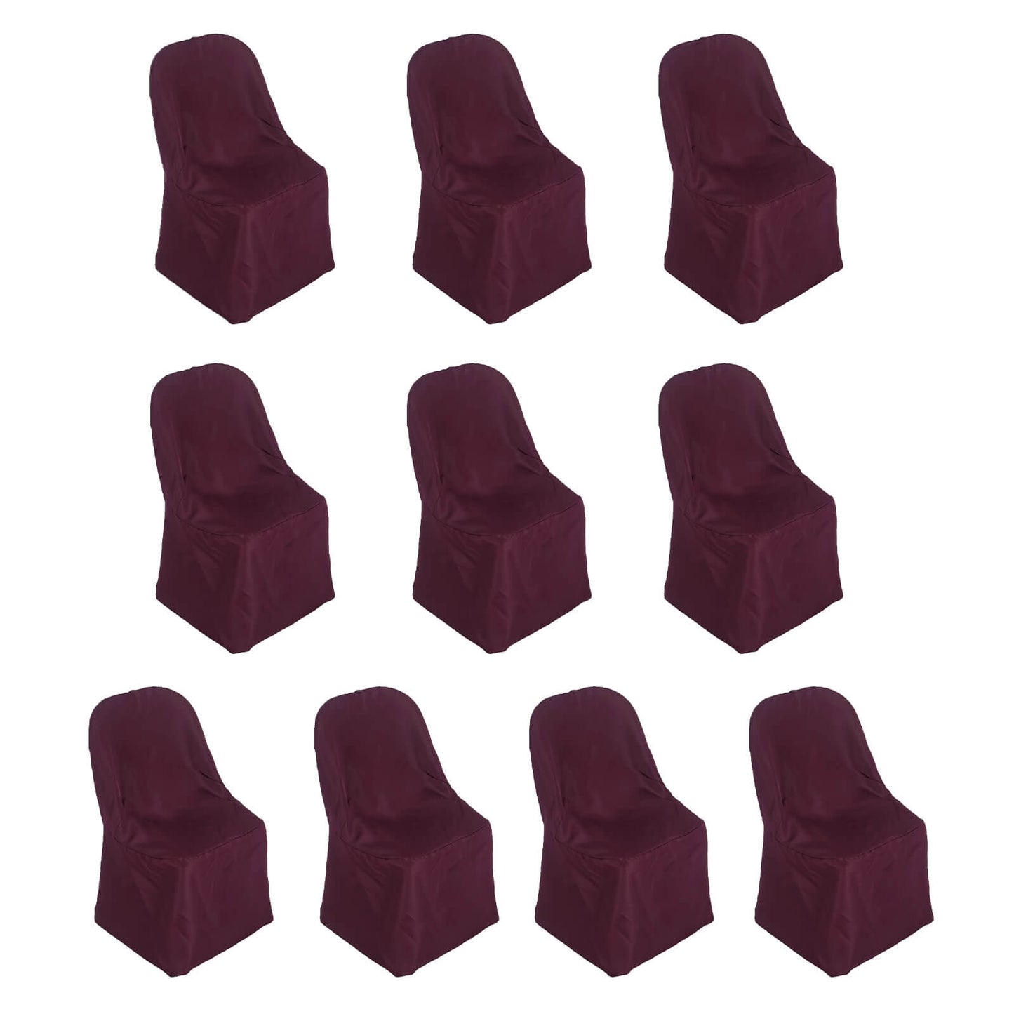 Burgundy polyester folding chair covers, reusable and stain resistant.