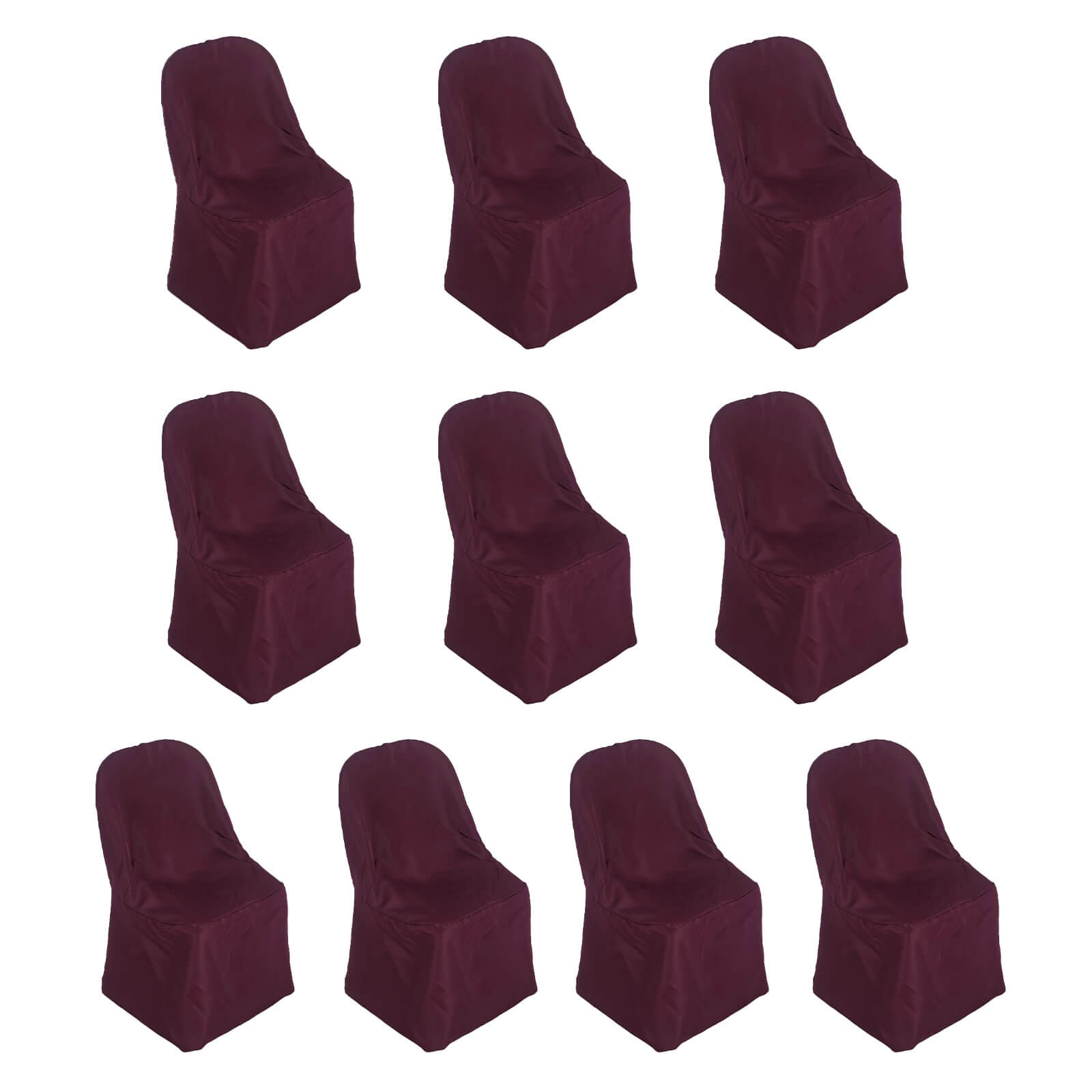 Burgundy polyester folding chair covers, reusable and stain resistant.