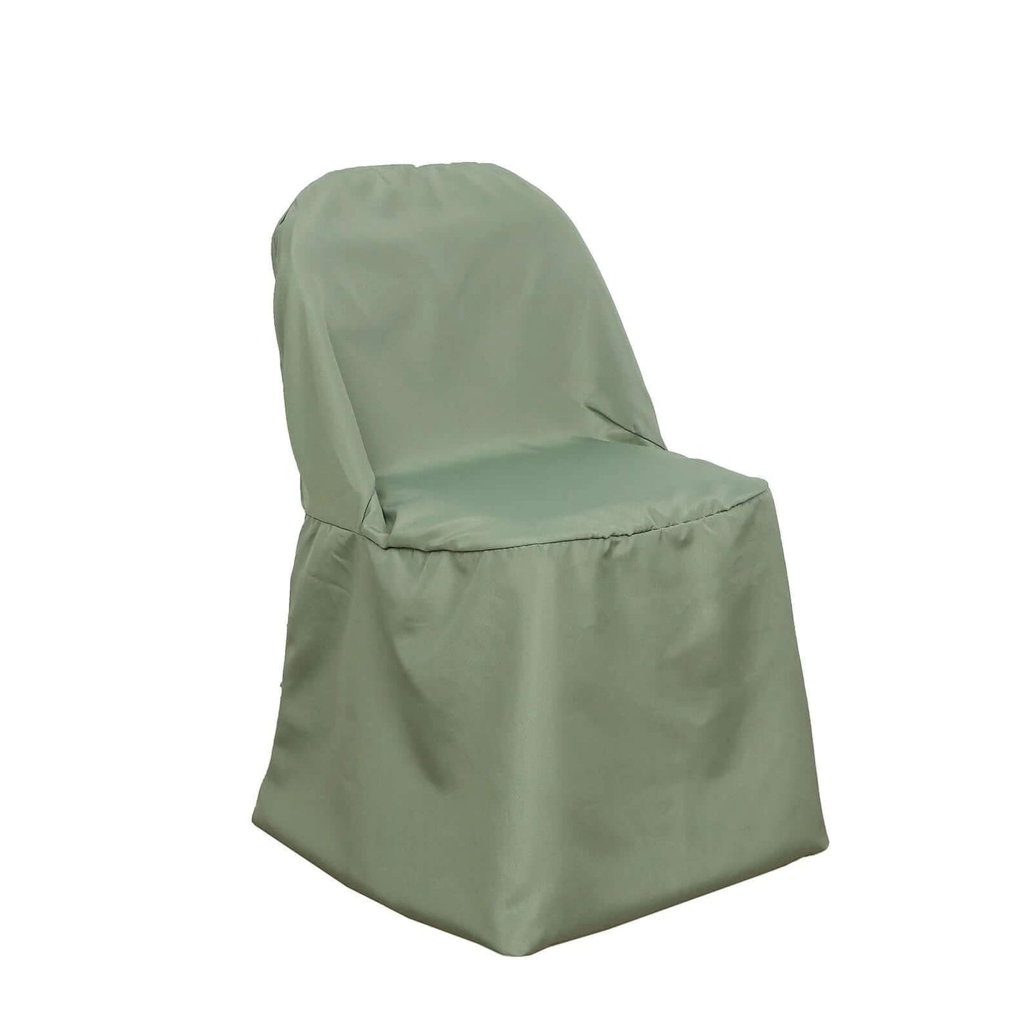 Dusty sage green polyester folding chair cover, reusable and stain resistant.