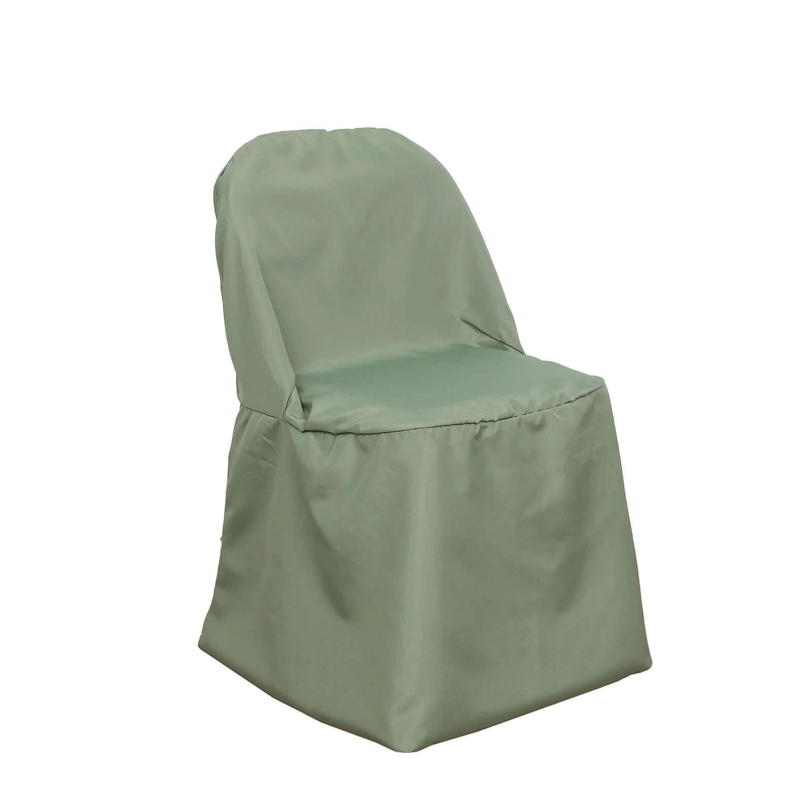 Dusty sage green polyester folding chair cover, reusable and stain resistant.