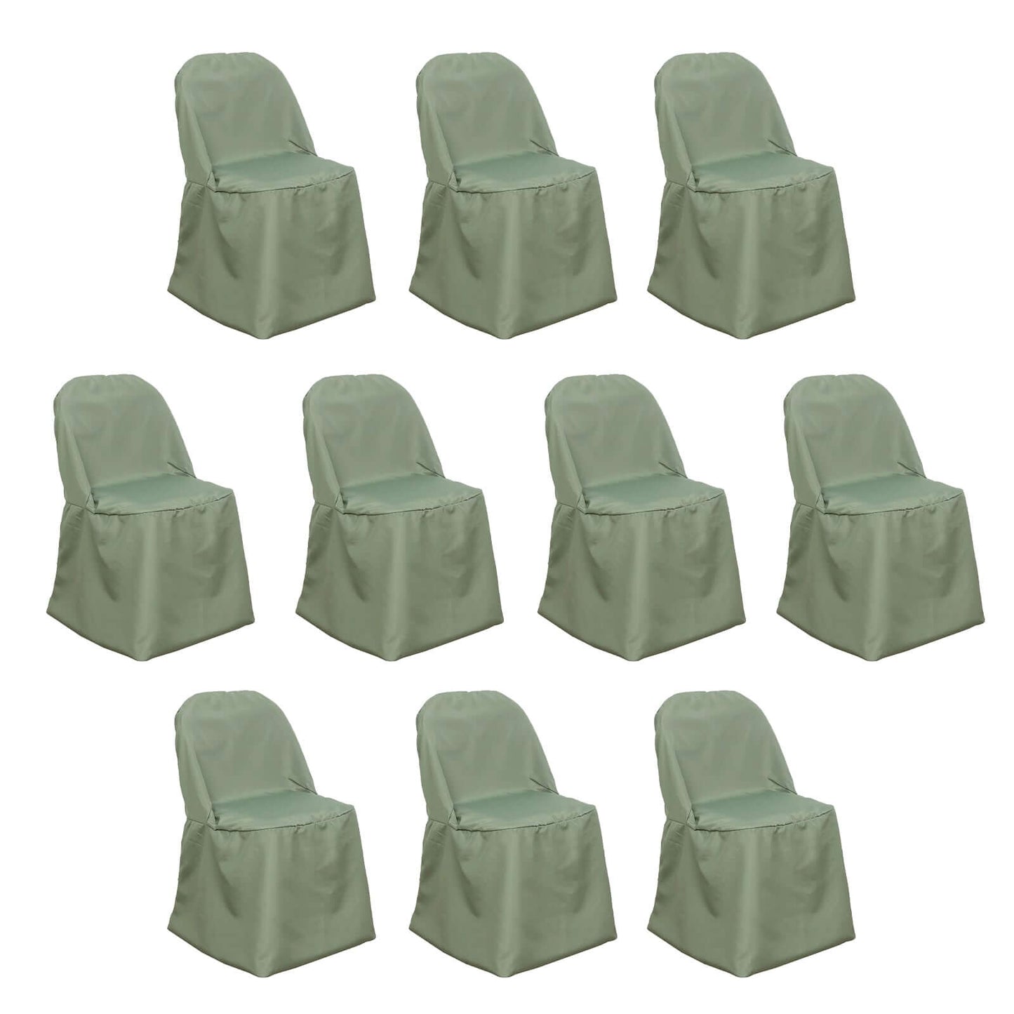 Dusty sage green polyester folding chair covers, reusable and stain resistant.