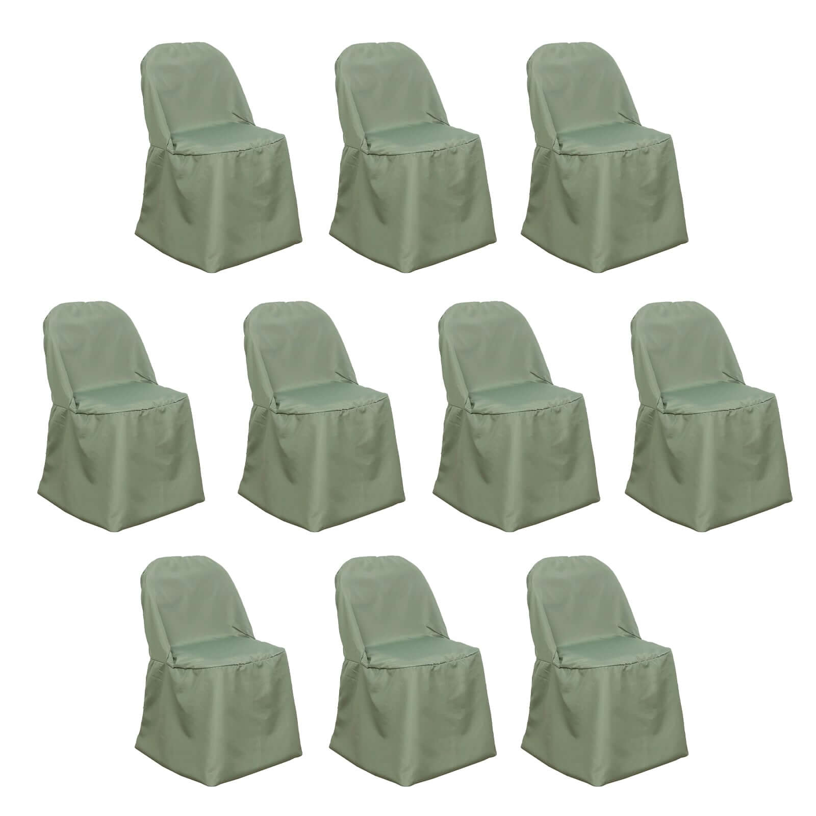 Dusty sage green polyester folding chair covers, reusable and stain resistant.