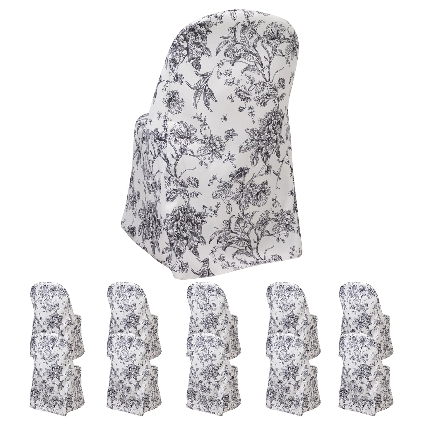 White and black floral slipcovers for folding chairs, reusable and stain-resistant.