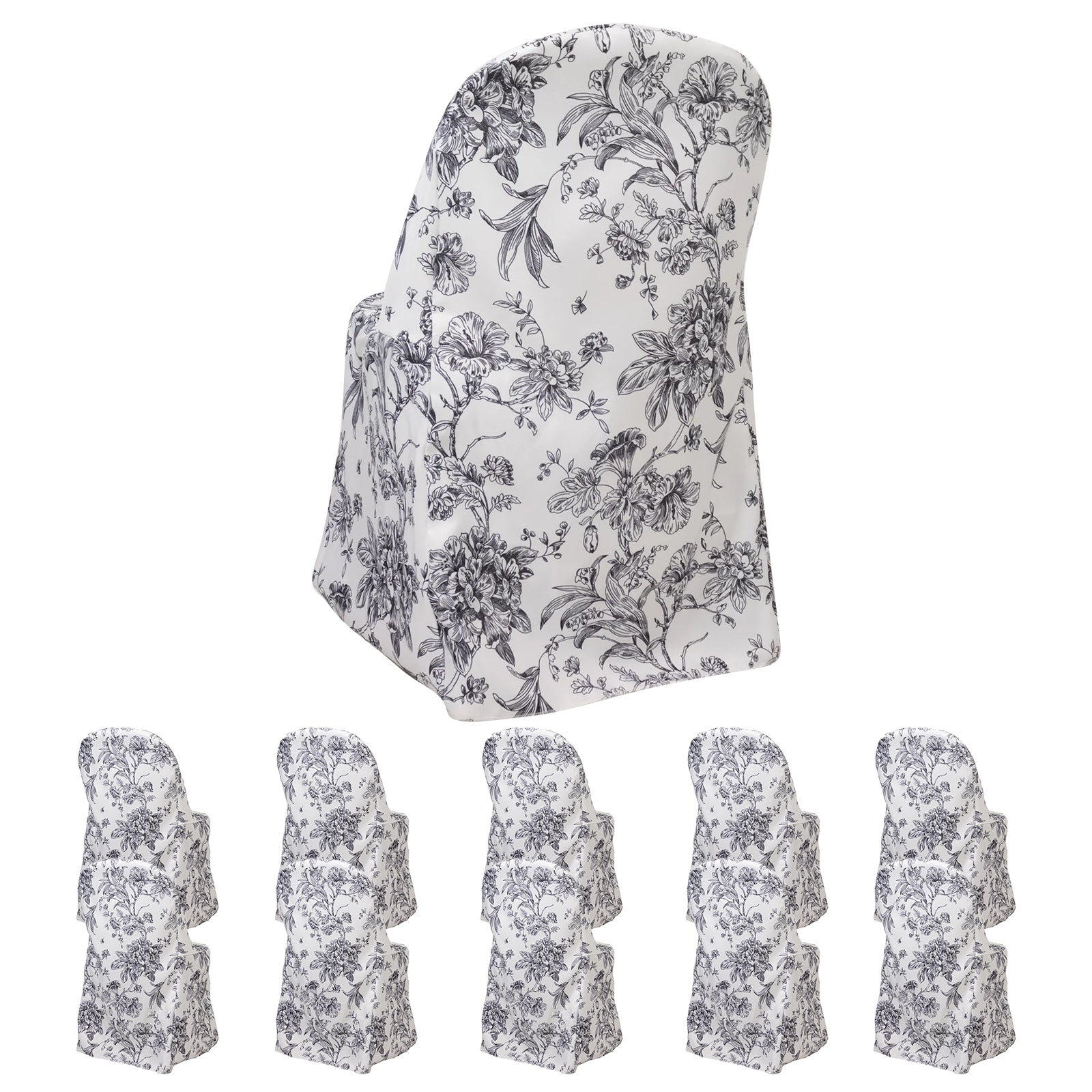 White and black floral slipcovers for folding chairs, reusable and stain-resistant.