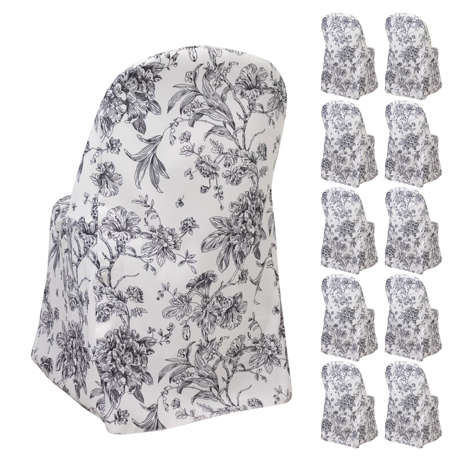 White and black French toile pattern chair cover for folding chairs.