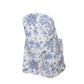 White blue chair cover with French toile pattern for folding chairs.