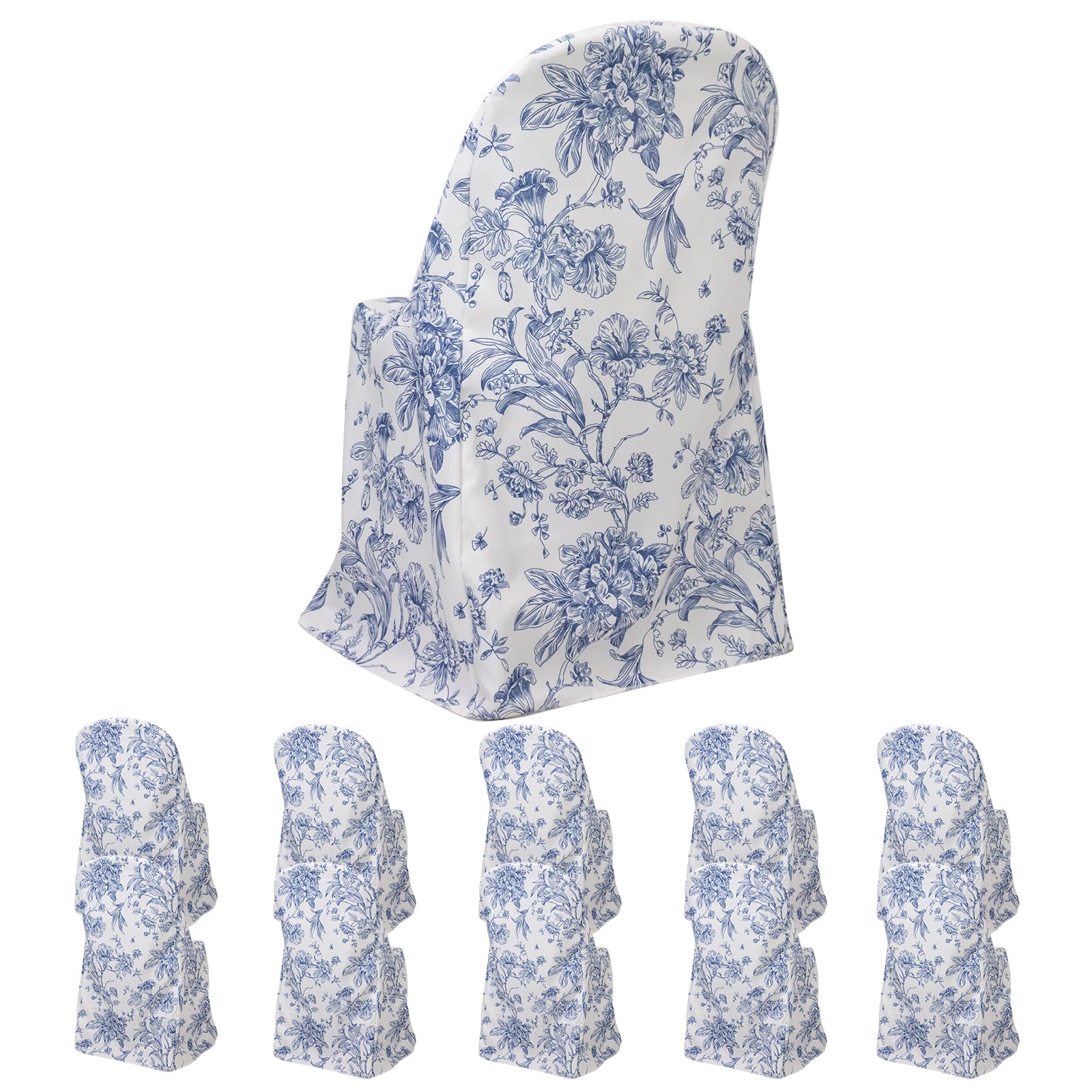 White and blue French toile pattern chair covers for folding chairs.