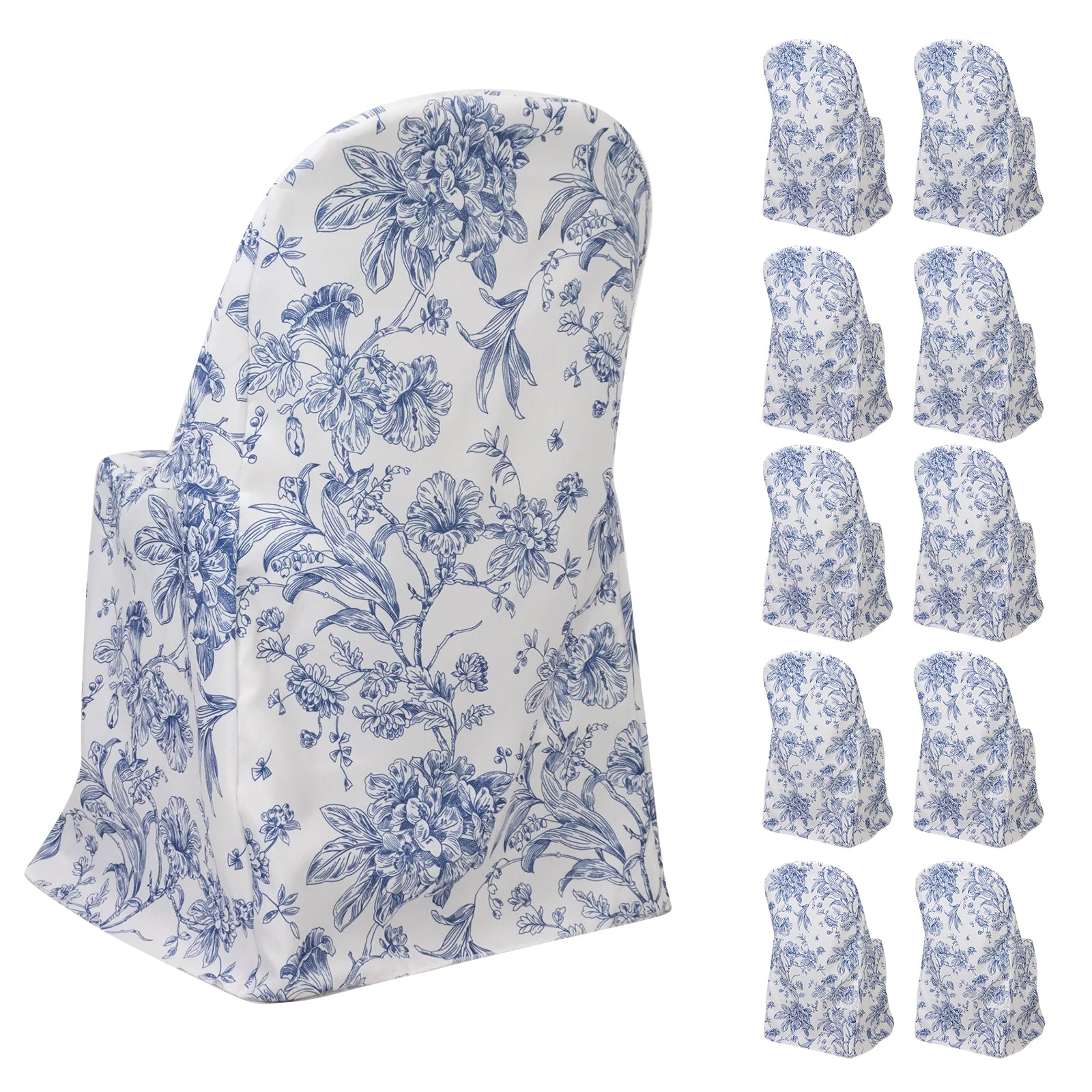 White and blue floral polyester chair covers, 10 pack for folding chairs.