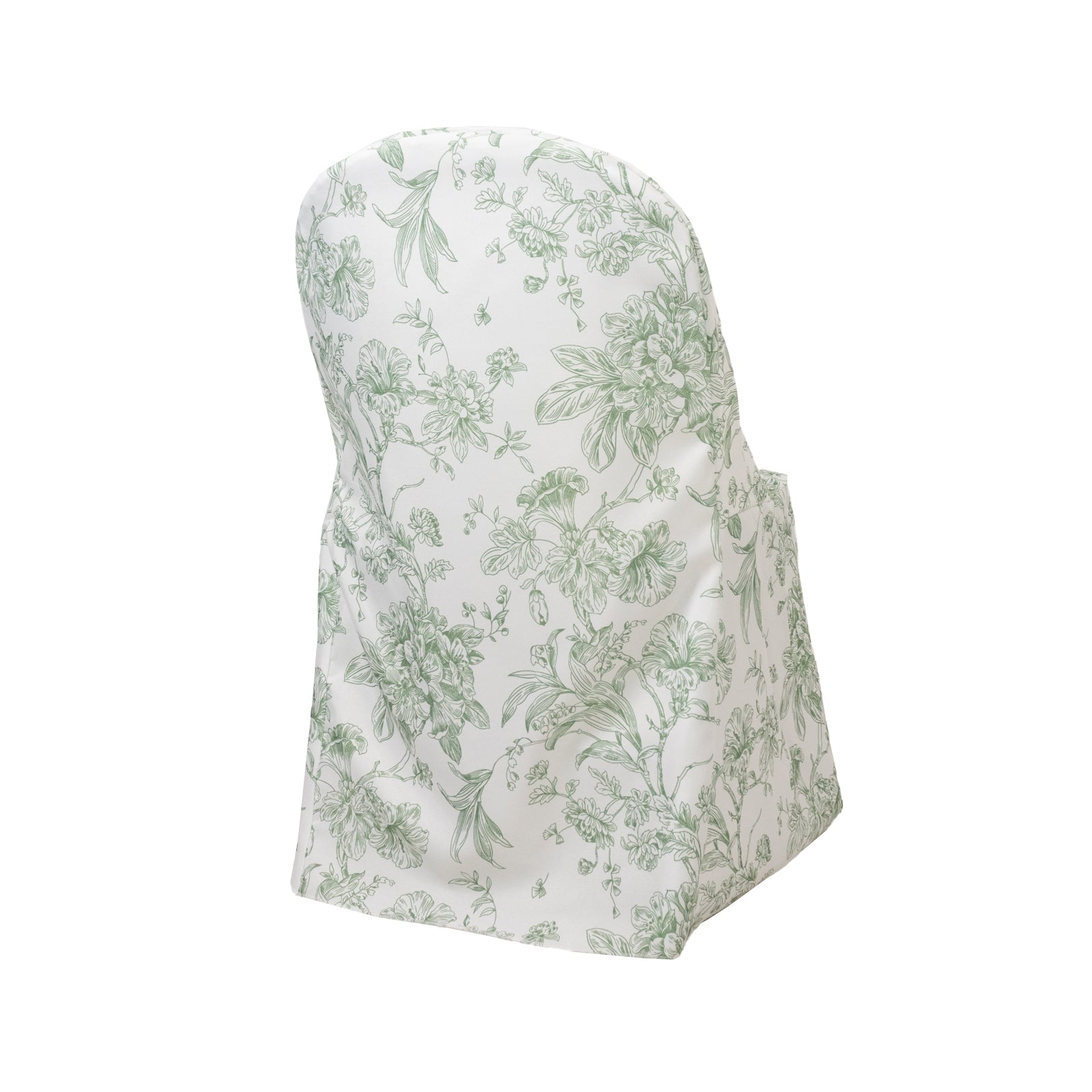 White dusty sage green chair cover with French toile pattern for folding chairs.