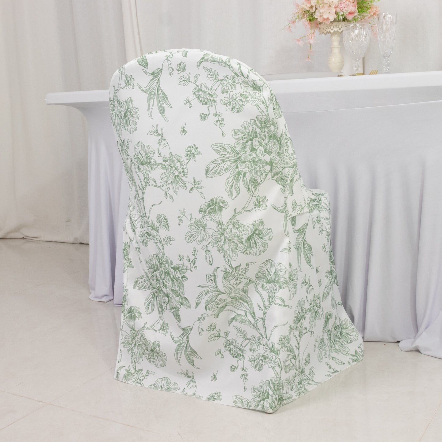 White Dusty Sage Green French Toile Pattern Chair Cover