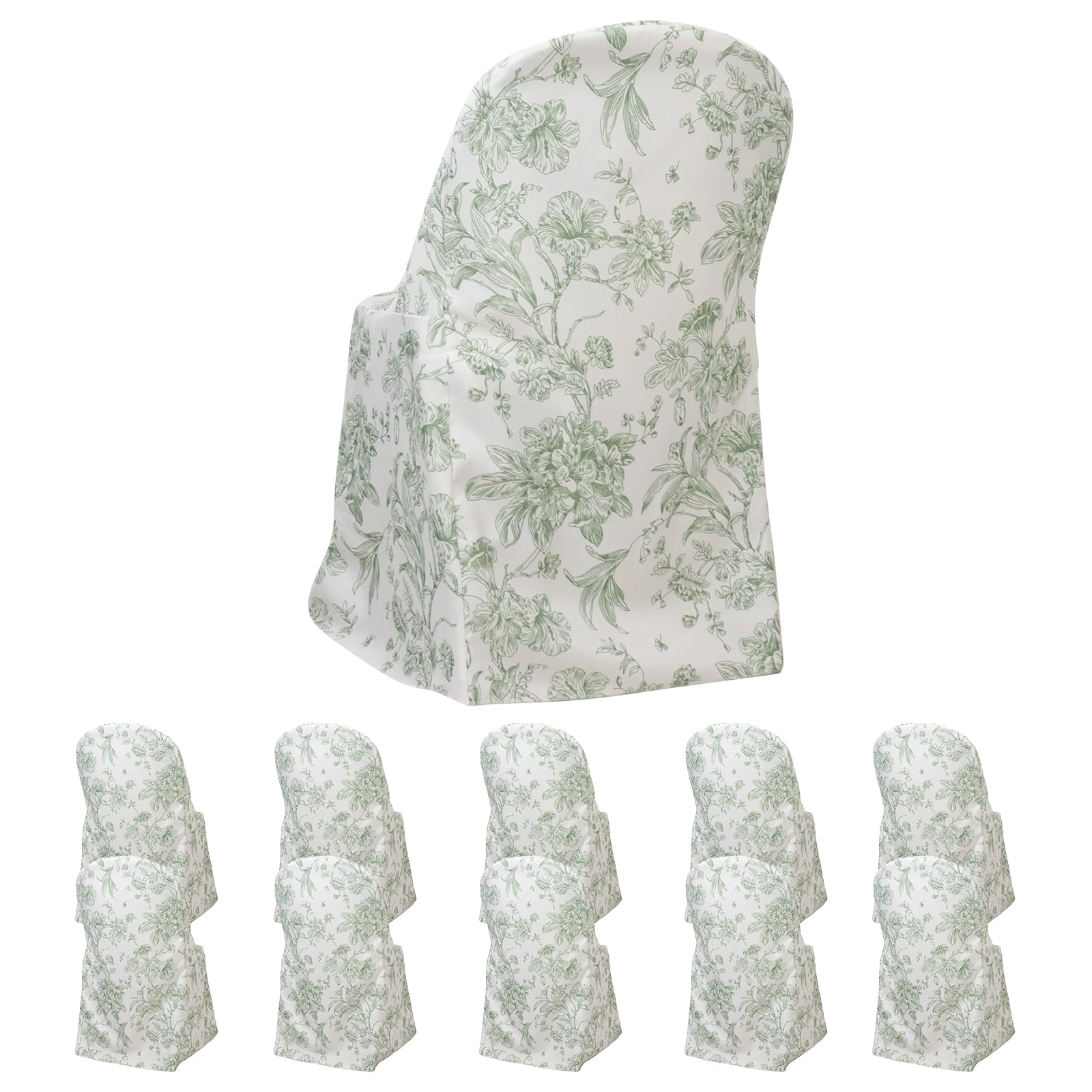 White and dusty sage green floral chair cover for folding chairs.