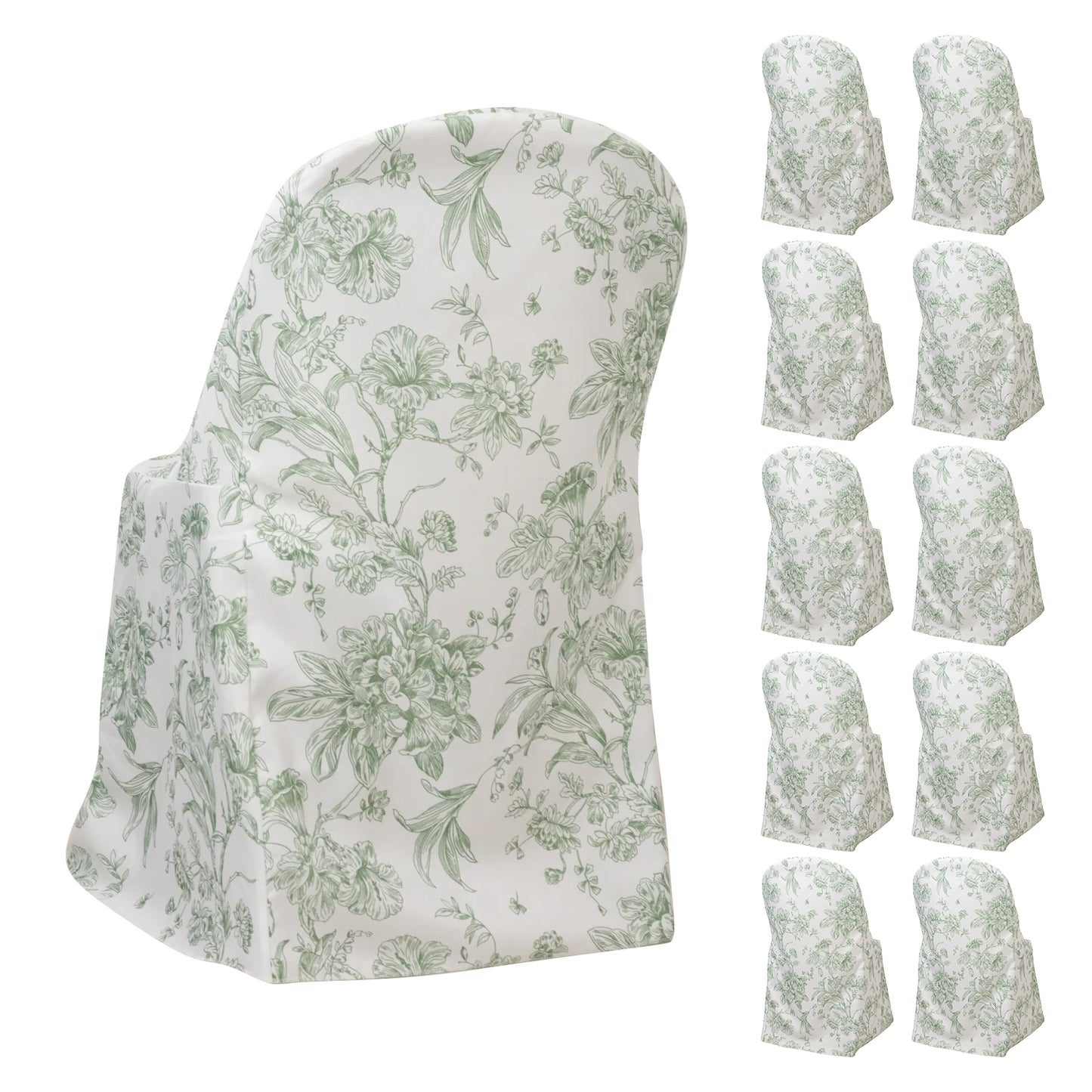 White and dusty sage green French toile pattern chair cover pack.