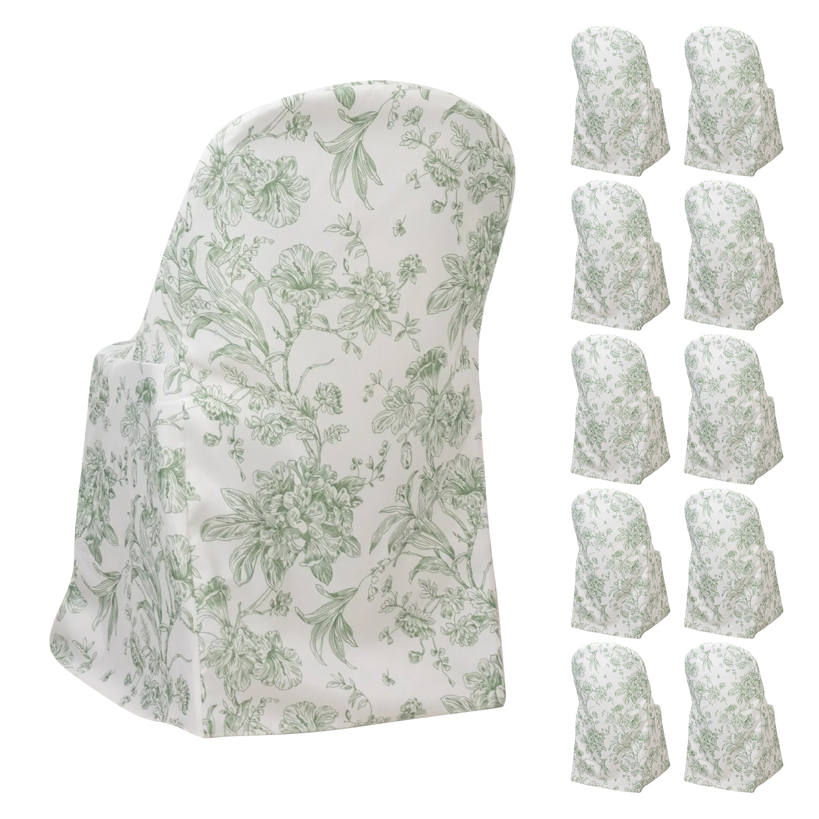 White and dusty sage green French toile pattern chair cover pack.