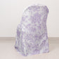 White lavender lilac chair cover with French toile pattern for folding chairs.